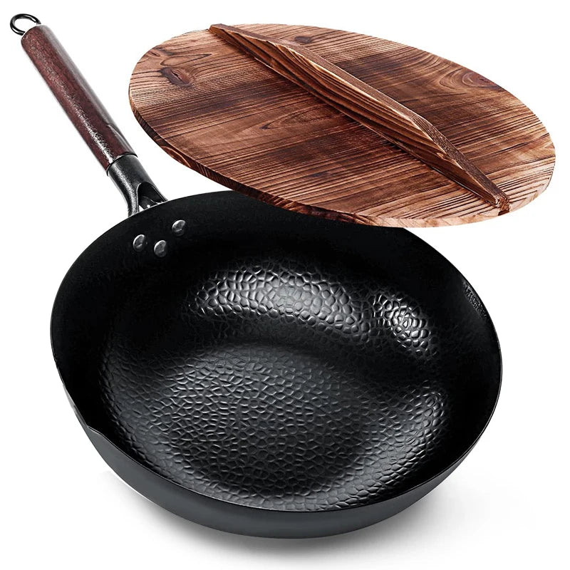 Carbon Steel Wok 32cm with Wooden Lid