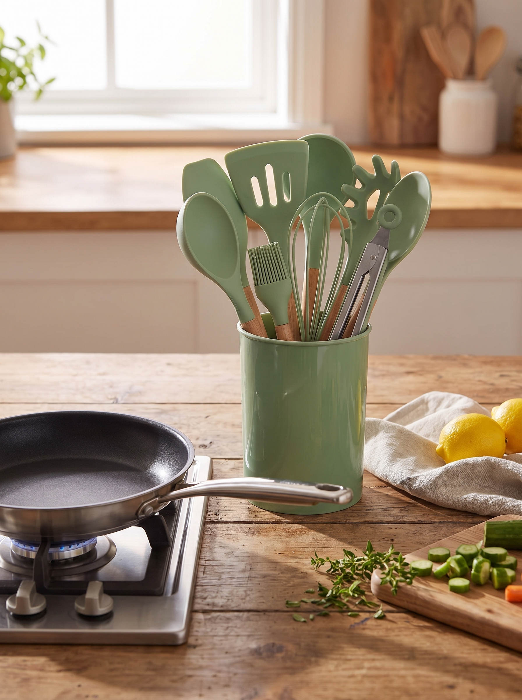 Avocado Green Silicone Utensil Set resting beside a non stick pan