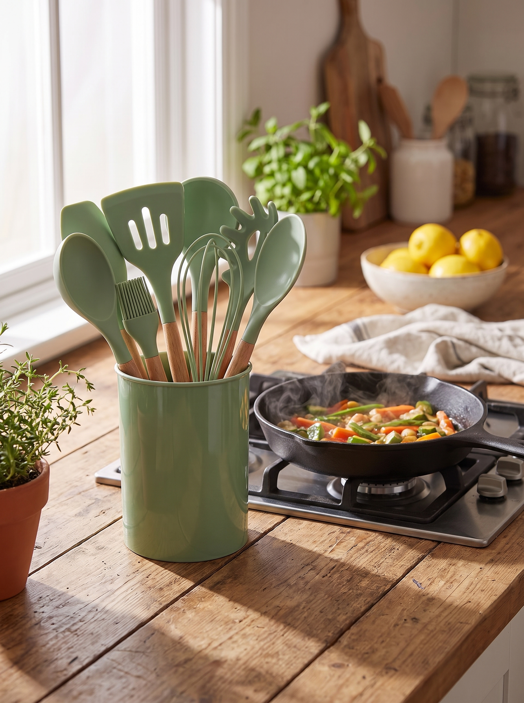 Avocado Green Silicone Utensil Set standing in a kitchen utensil crock
