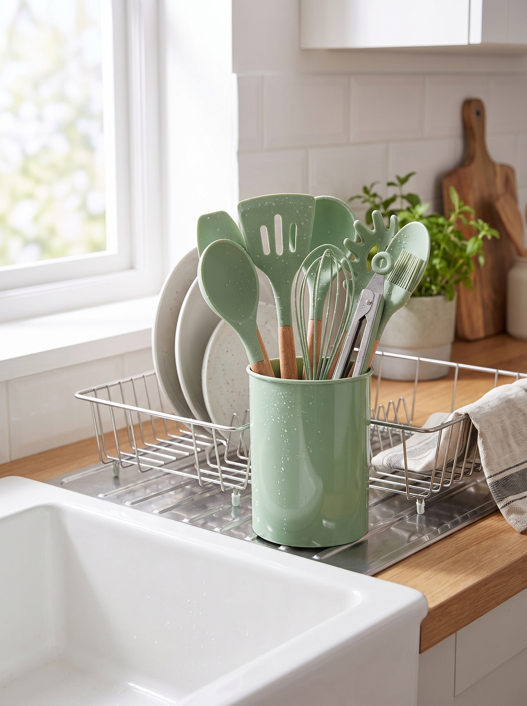 Avocado Green Silicone Utensil Set drying on a rack by the sink