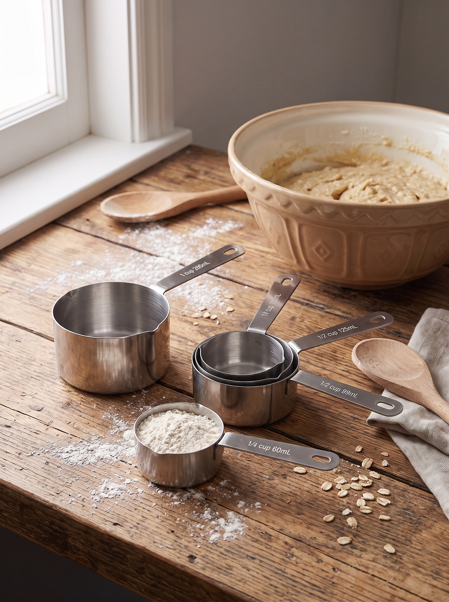 Stainless steel measuring cups on a floured baking worktop
