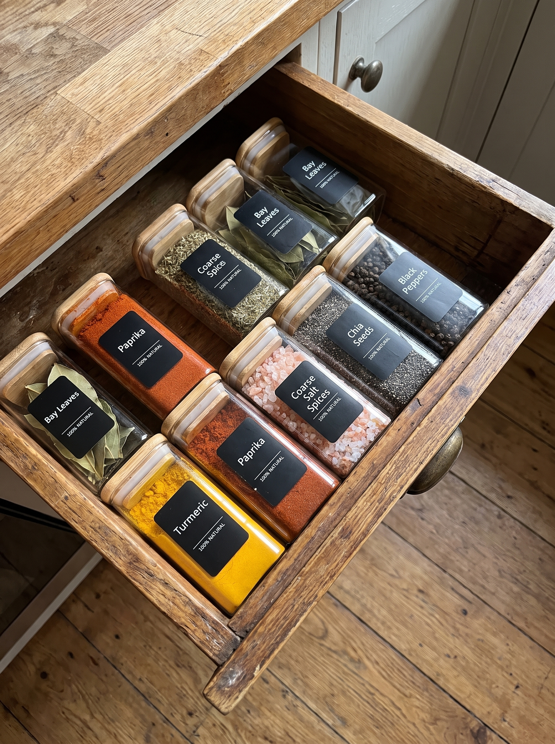Square glass spice jars packed together in a kitchen drawer