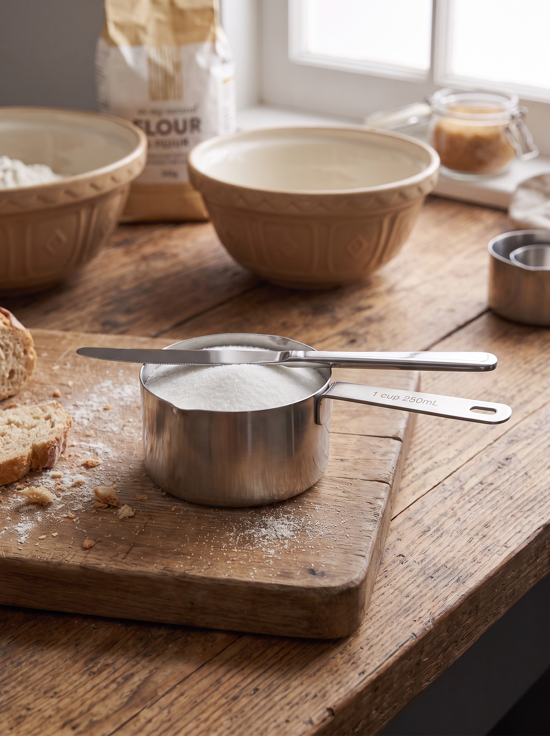 Stainless steel measuring cup levelled off with sugar