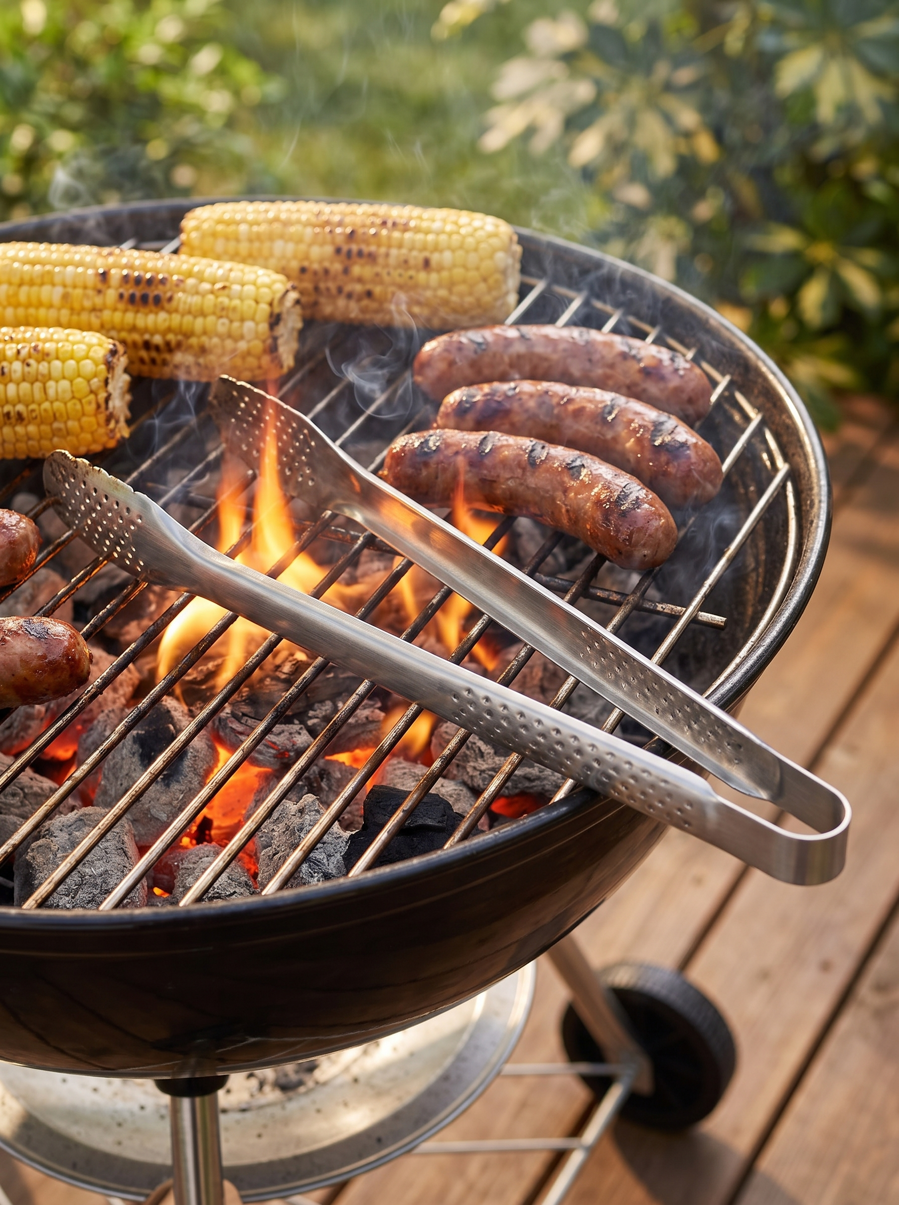 Stainless steel BBQ kitchen tongs on a charcoal barbecue