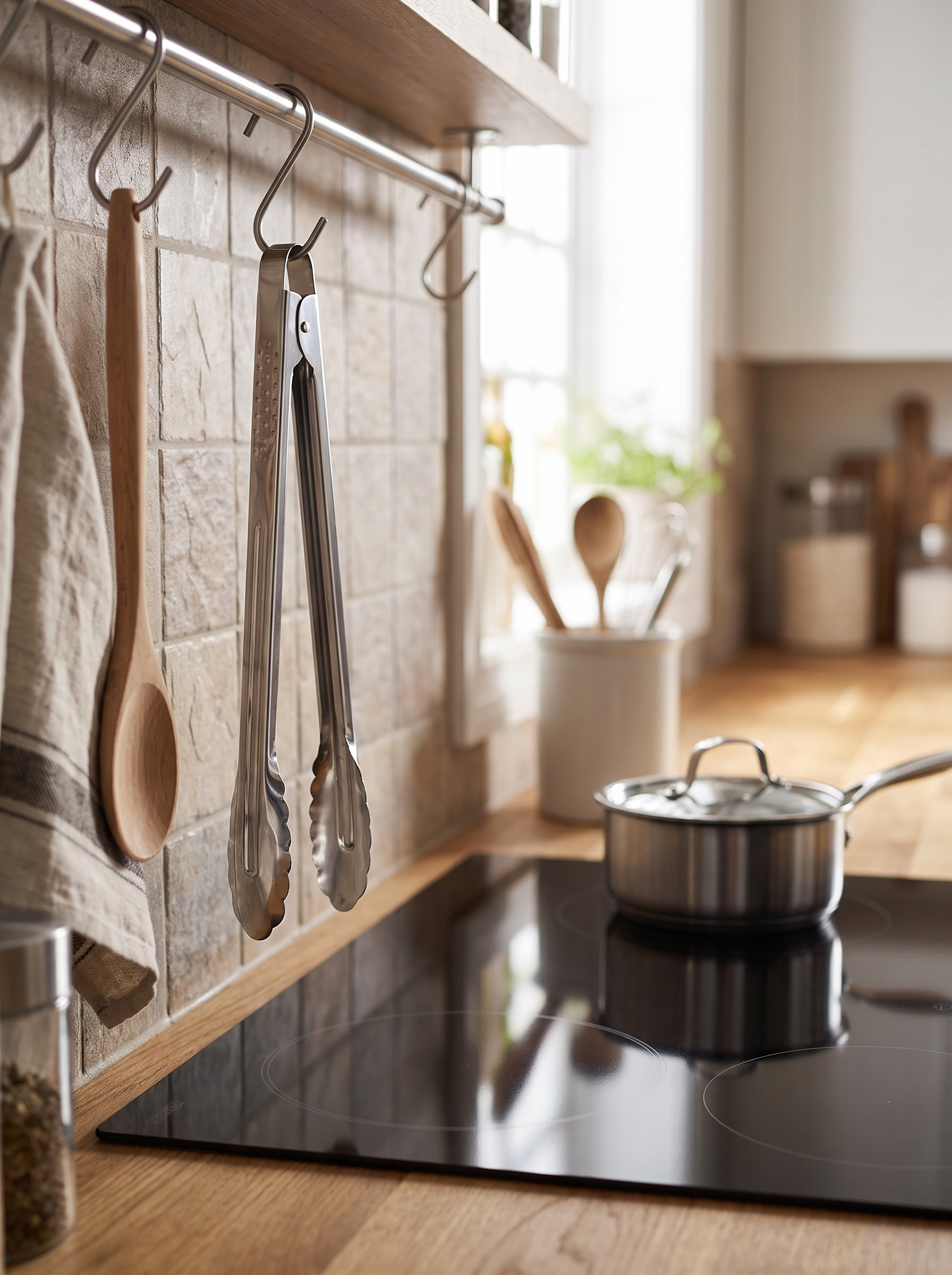 Stainless steel BBQ kitchen tongs locked and hanging on a rail