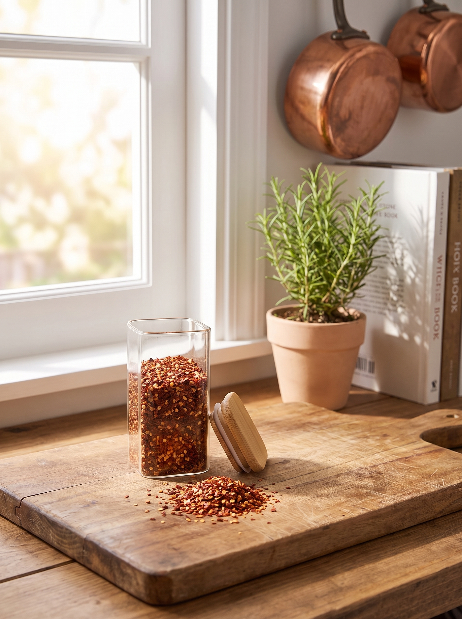 Glass spice jar with its bamboo lid beside chilli flakes