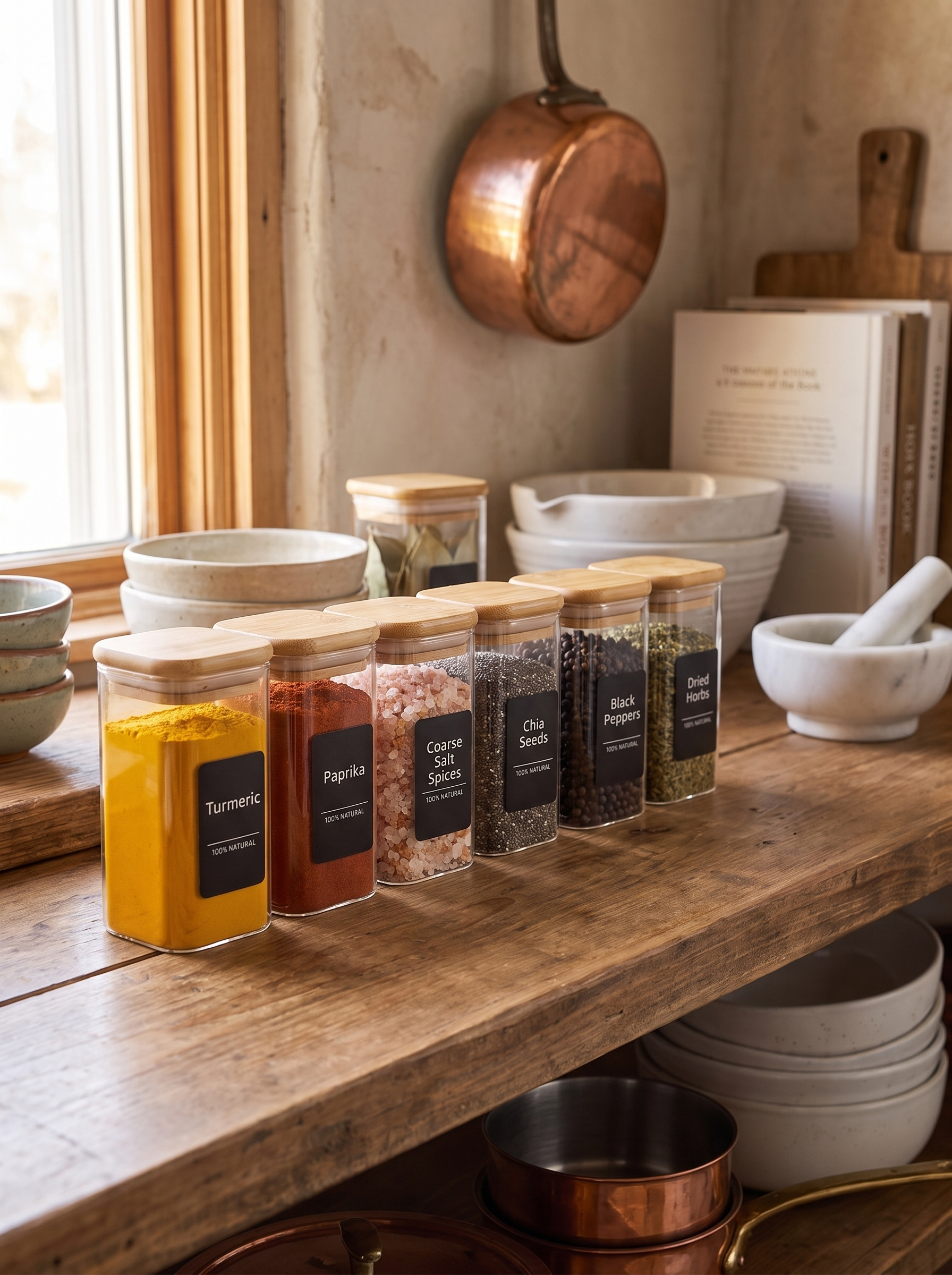 Glass spice jars with bamboo lids on an open kitchen shelf