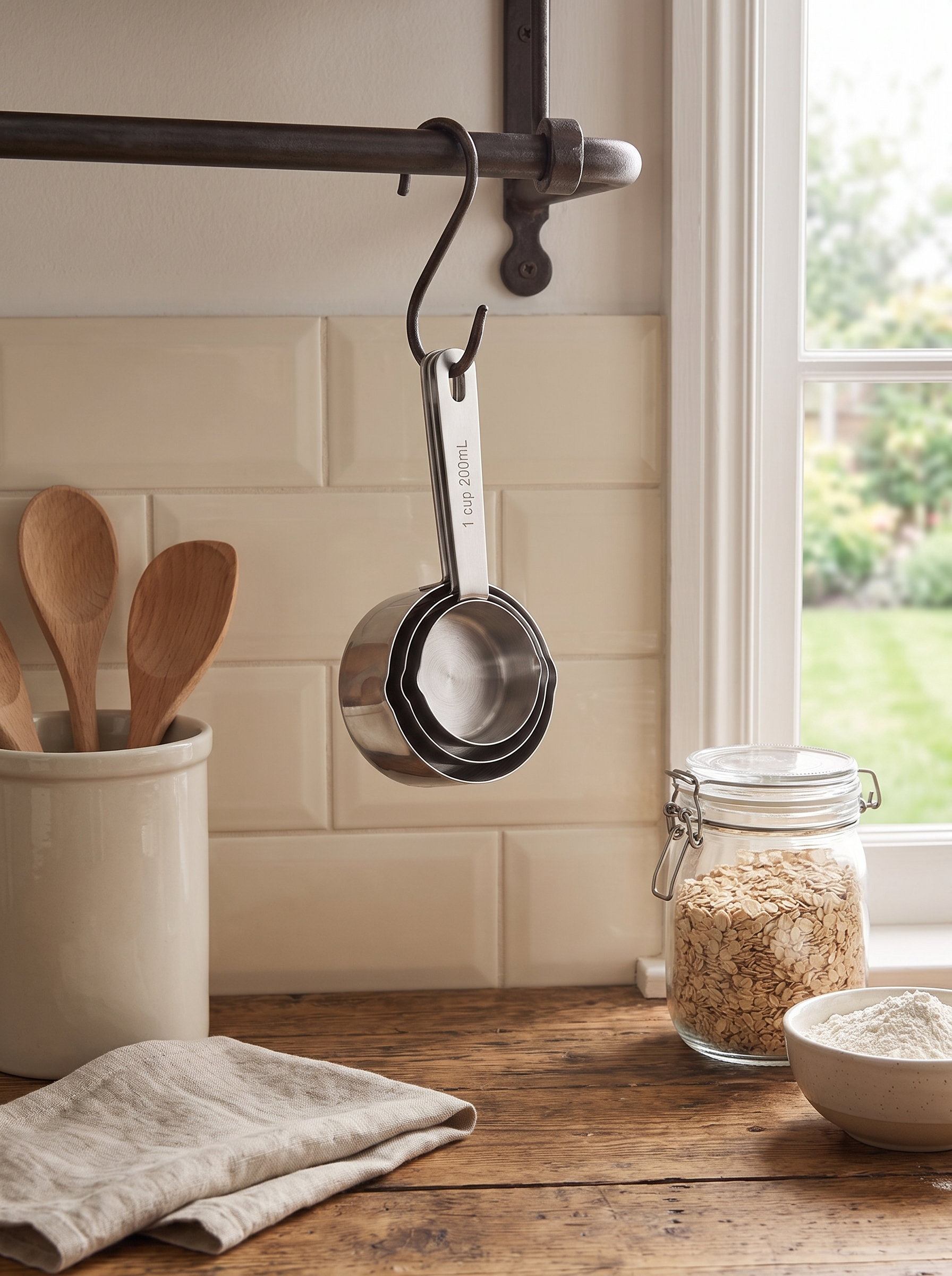 Stainless steel measuring cups nested and hanging on a kitchen rail