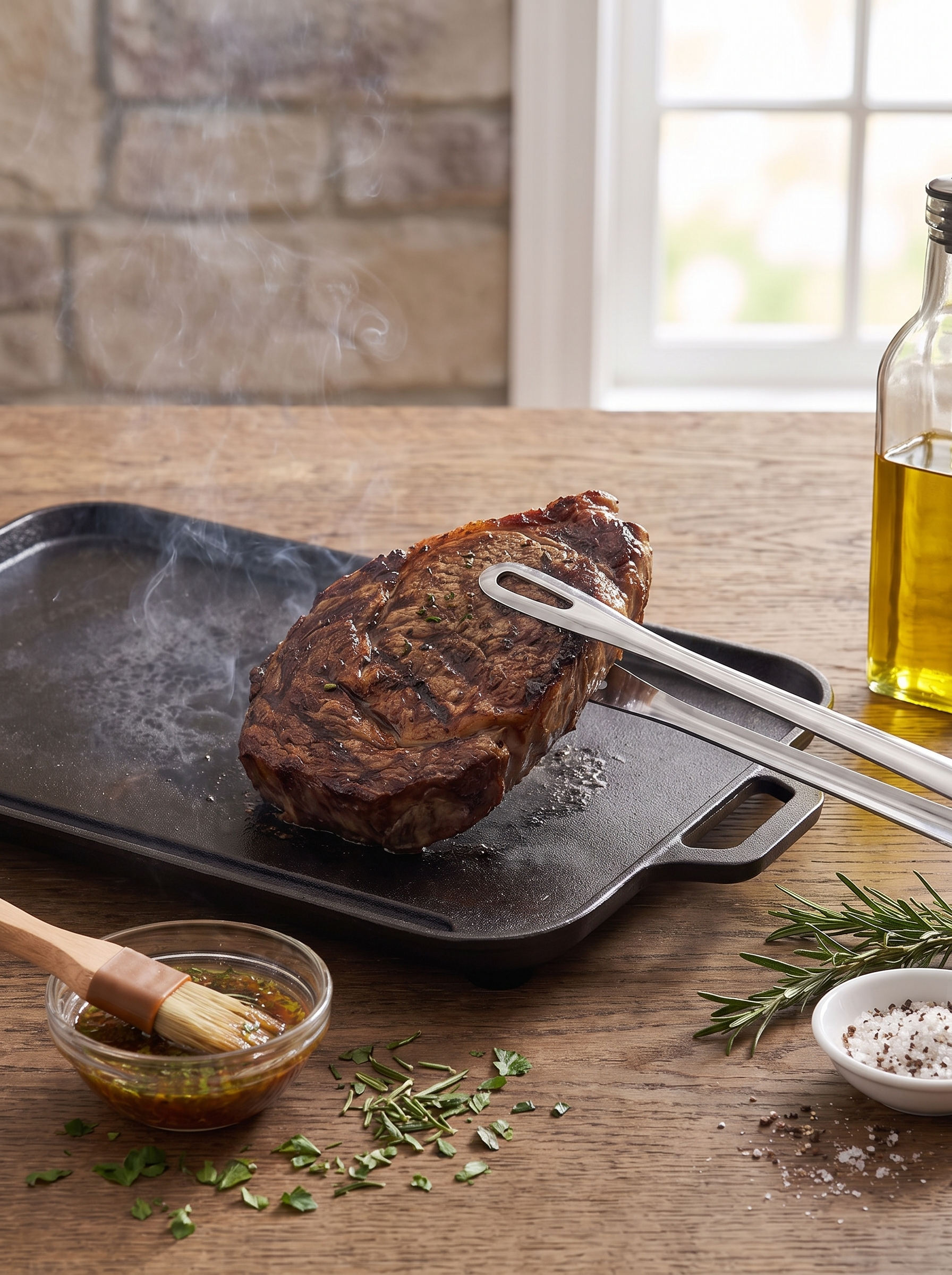 Stainless steel BBQ kitchen tongs beside a griddle pan