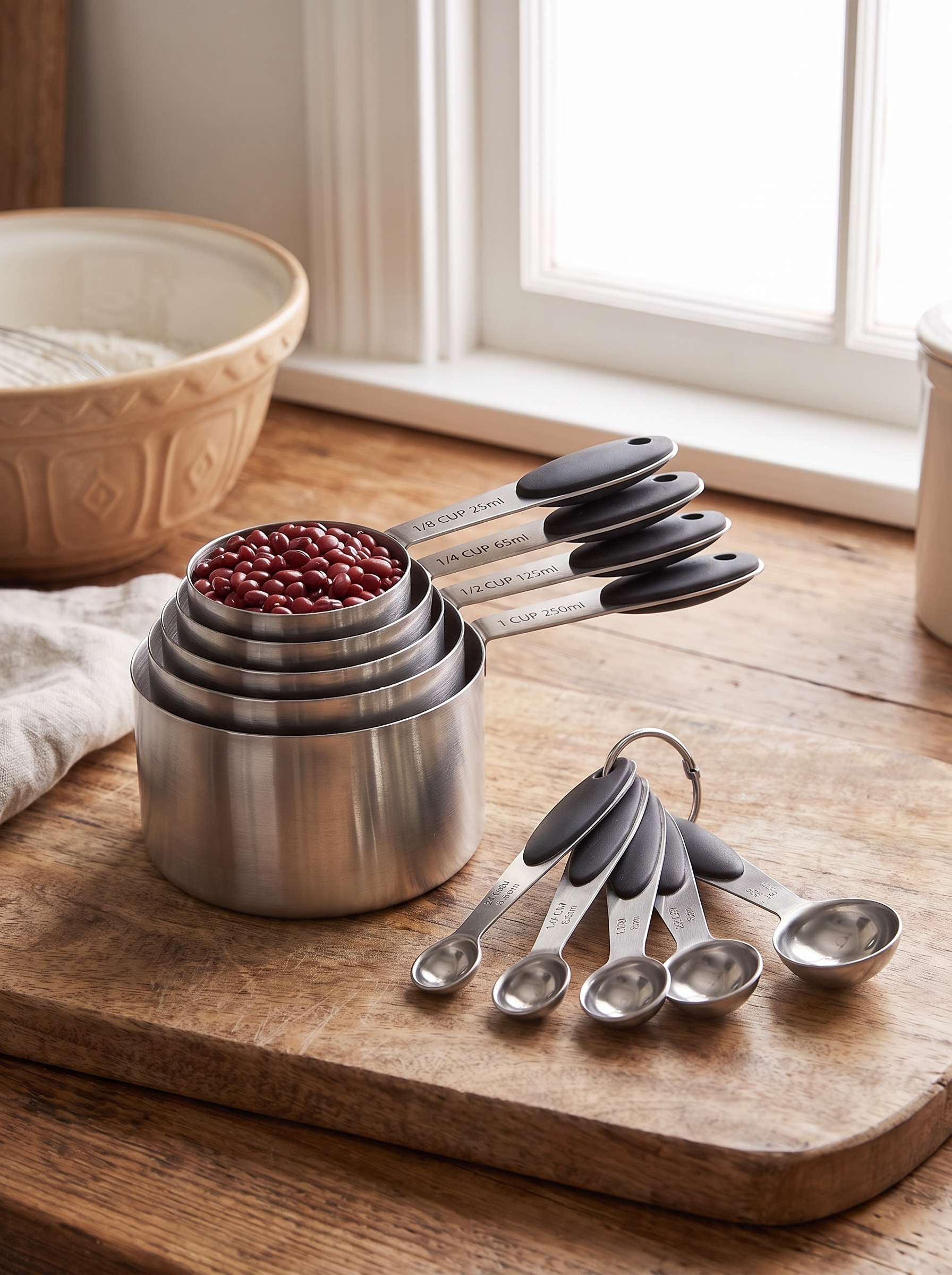 Brushed stainless steel measuring set on a wooden board