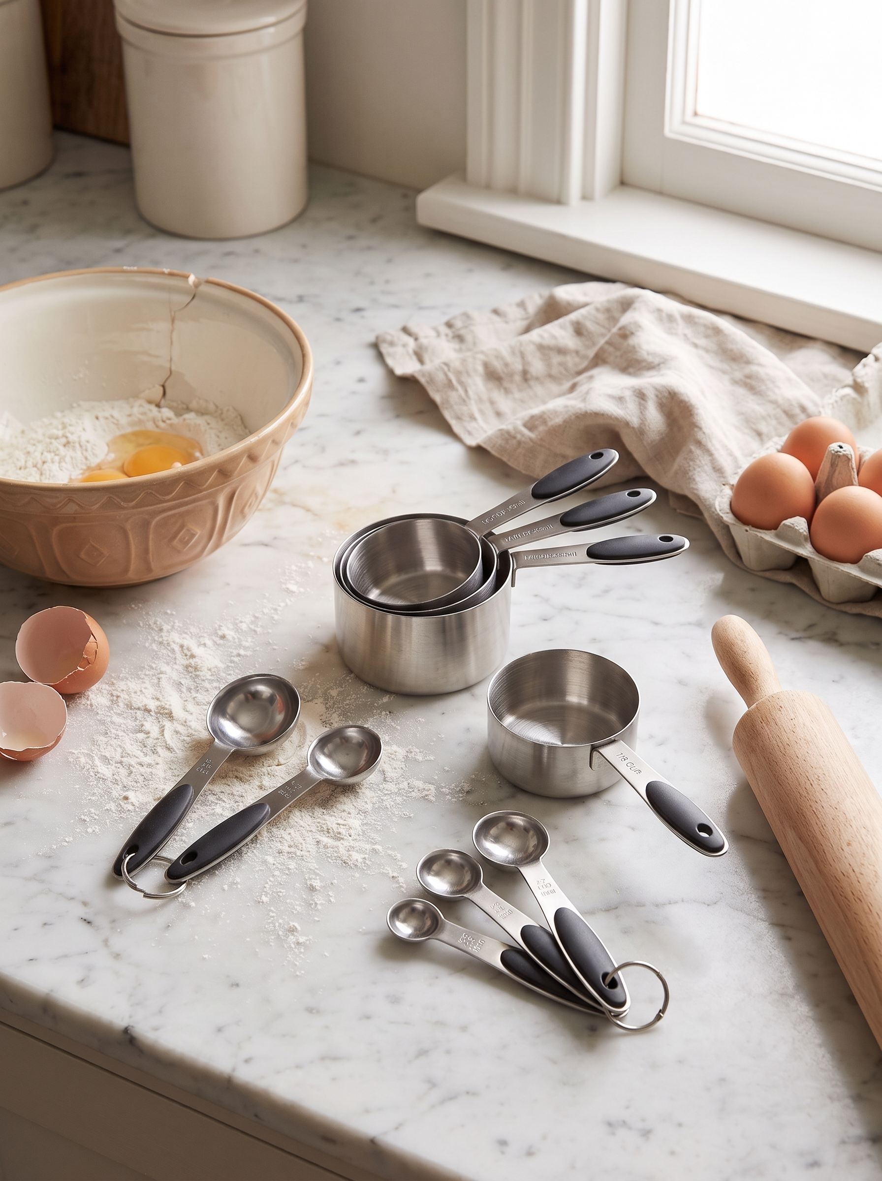 Measuring cups and spoons set on a marble baking worktop