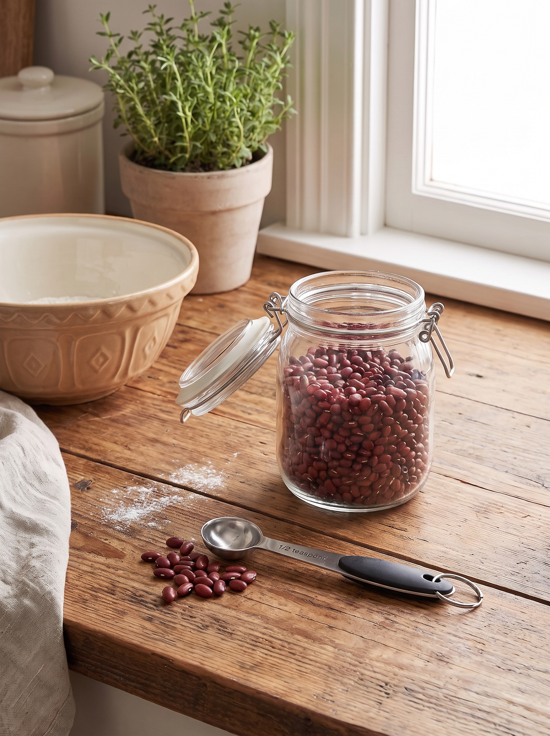 Measuring spoon beside an open spice jar