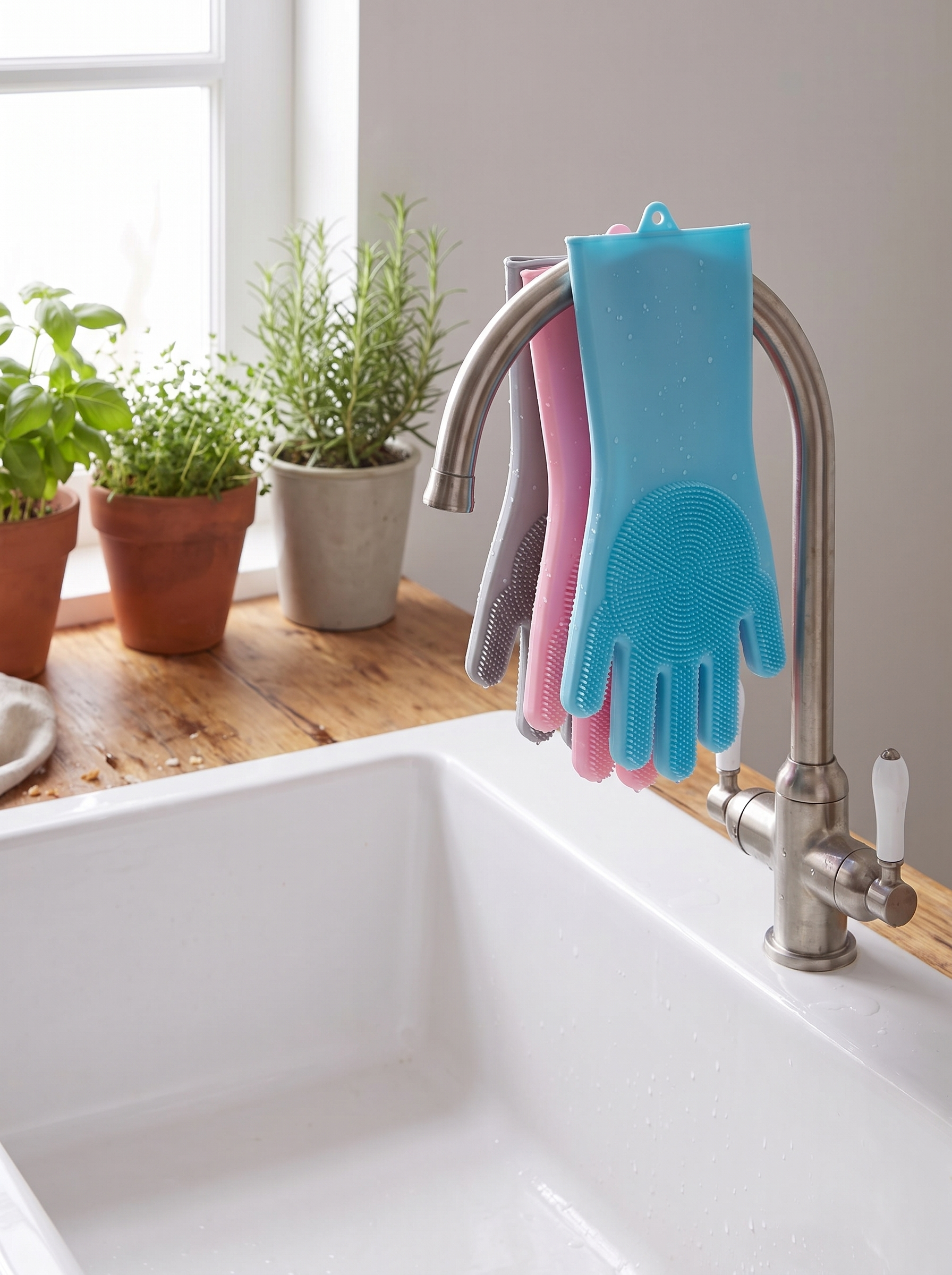 Silicone scrubber gloves drying over a kitchen tap