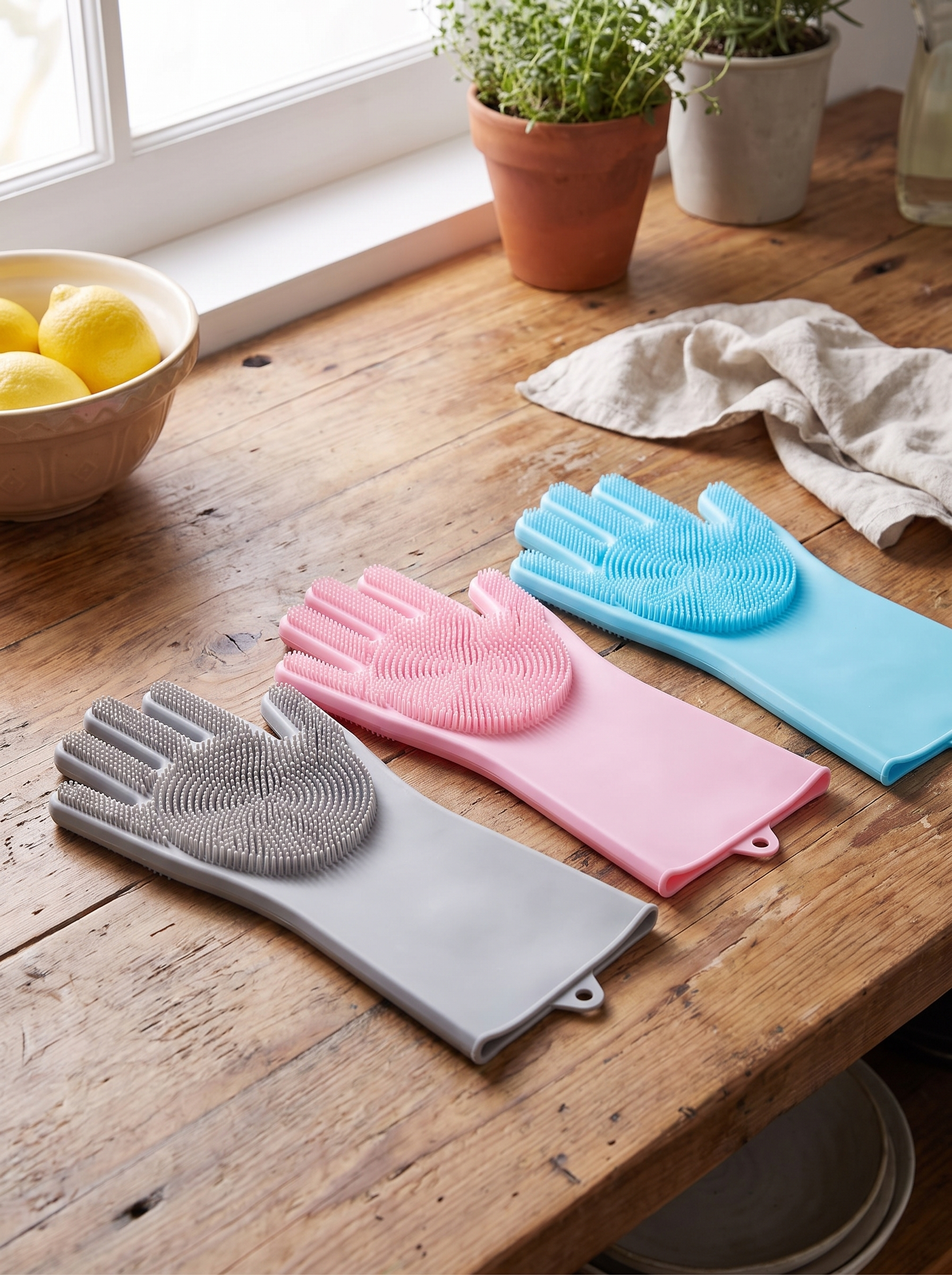 Silicone scrubber gloves showing the bristled palms