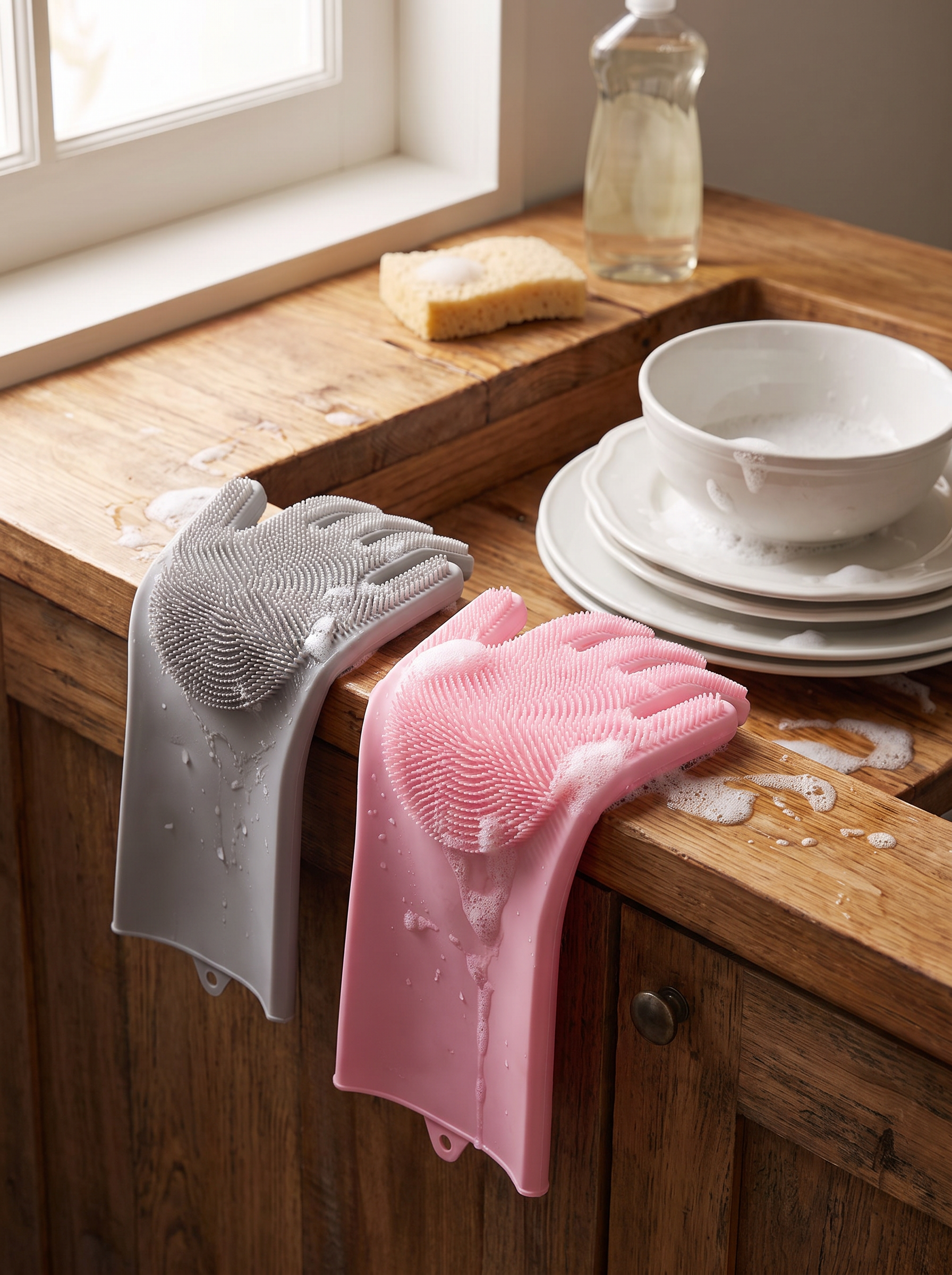 Silicone scrubber gloves at the edge of a kitchen sink