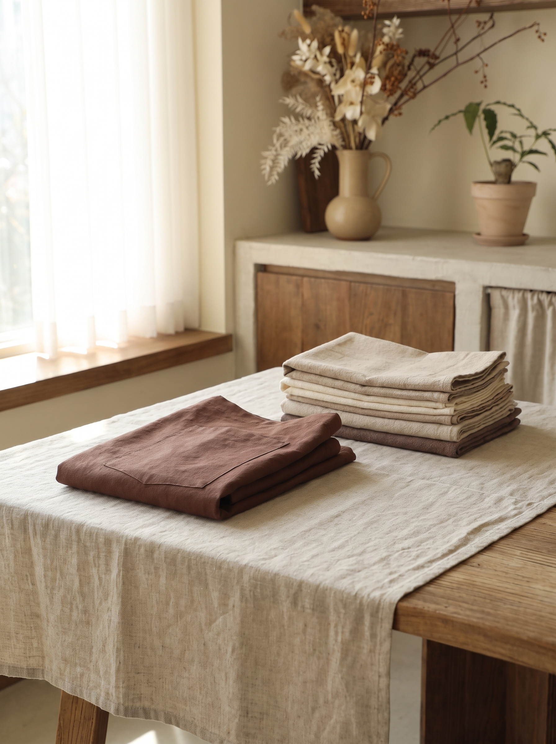 Folded cotton apron beside a stack of tea towels