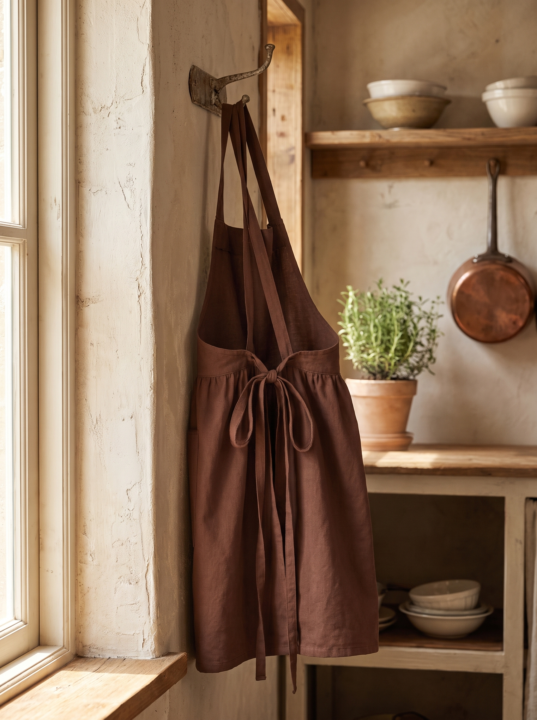 Cross back cotton apron hanging on a kitchen hook