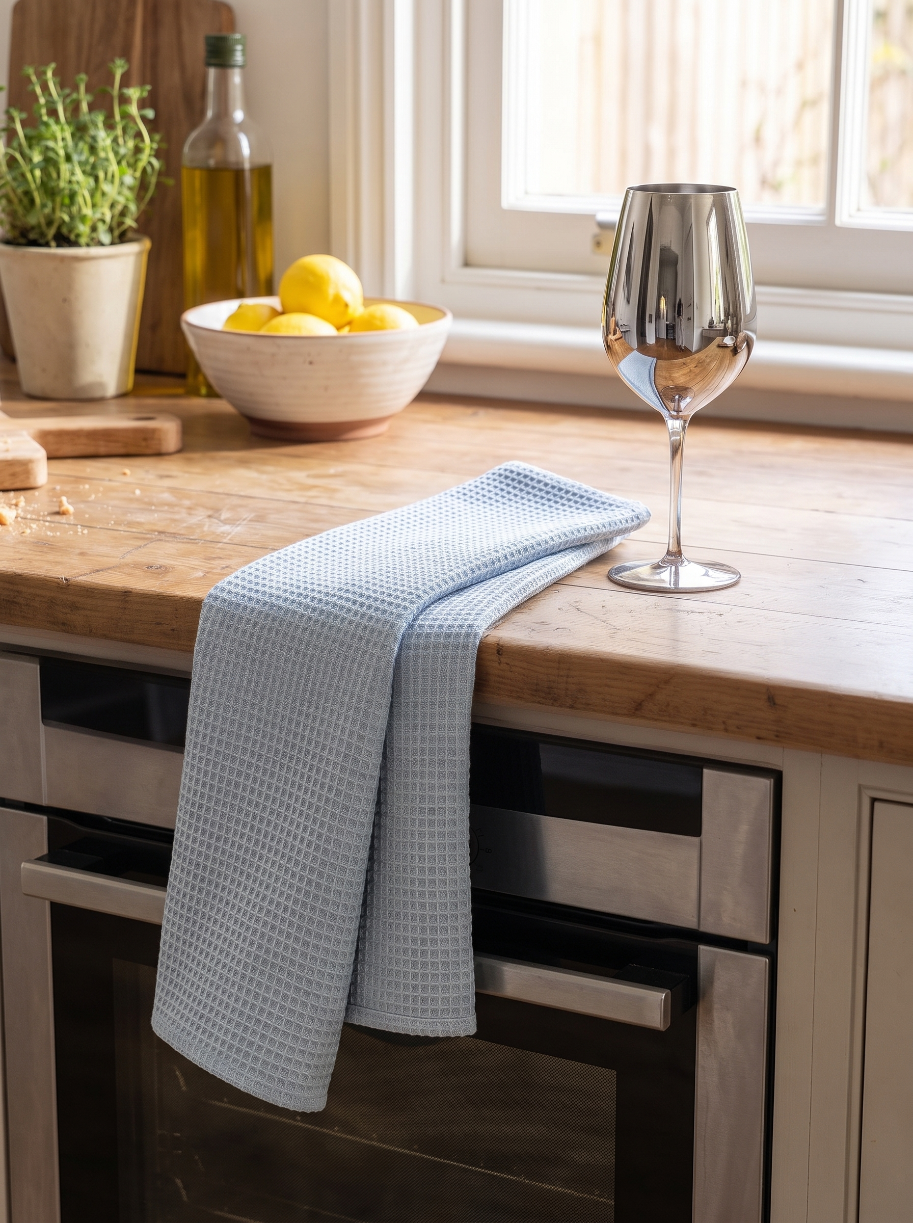 Cotton tea towel draped over an oven door rail