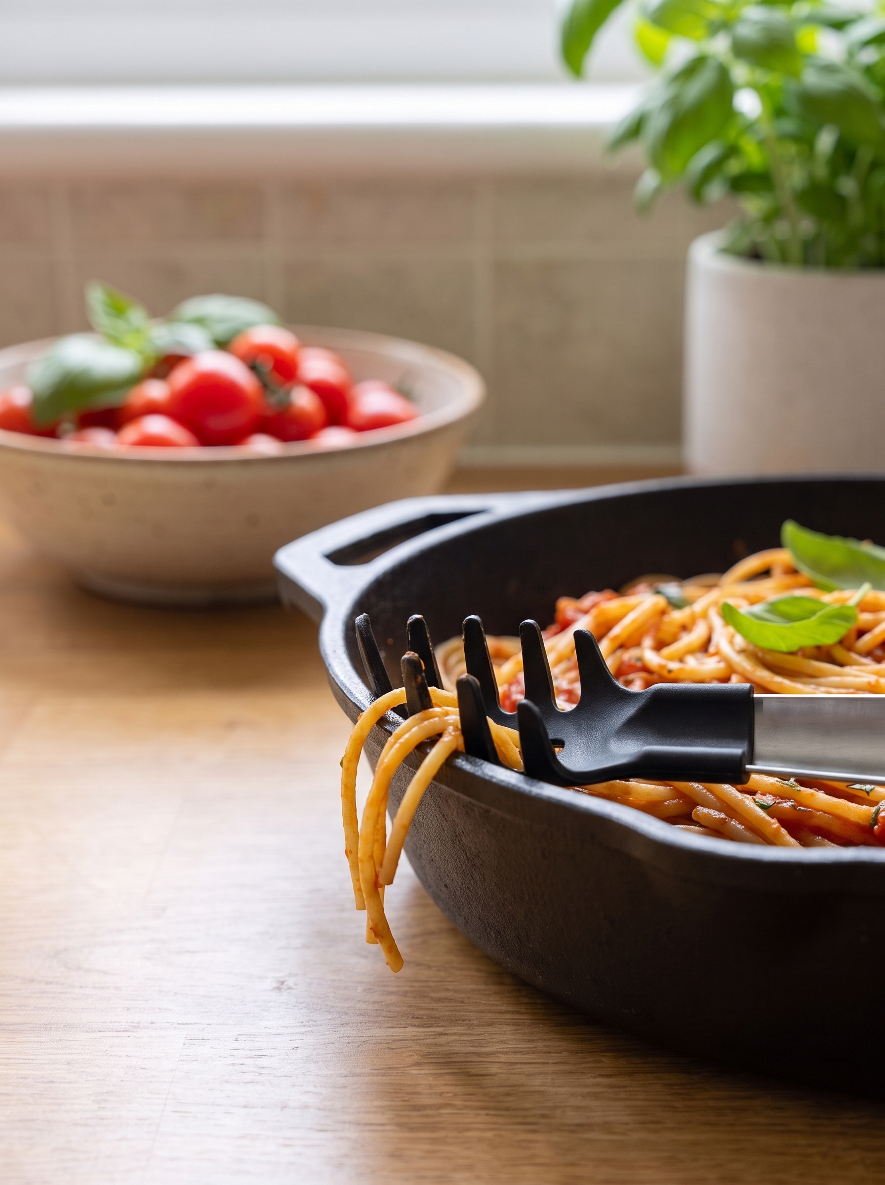 Close view of the toothed chuck of stainless steel noodle tongs