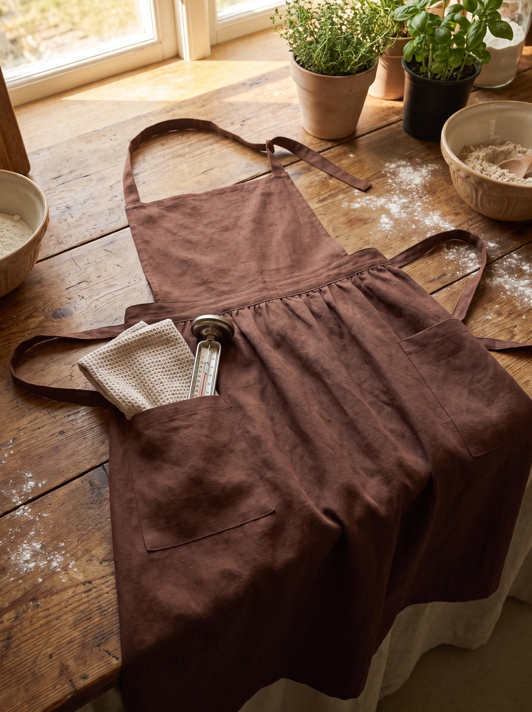 Cross back apron laid flat showing its two front pockets