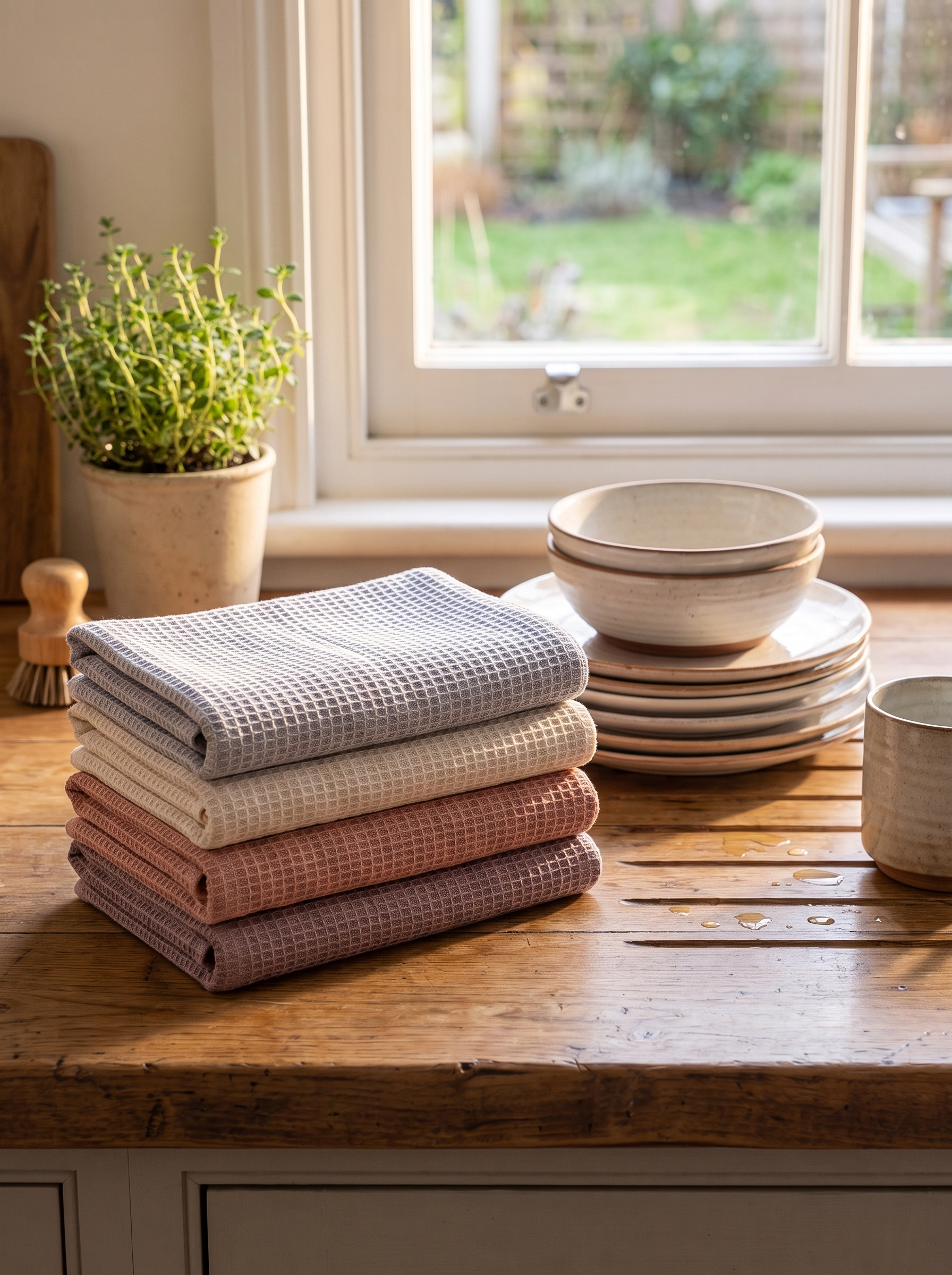 Folded stack of cotton tea towels beside dried plates