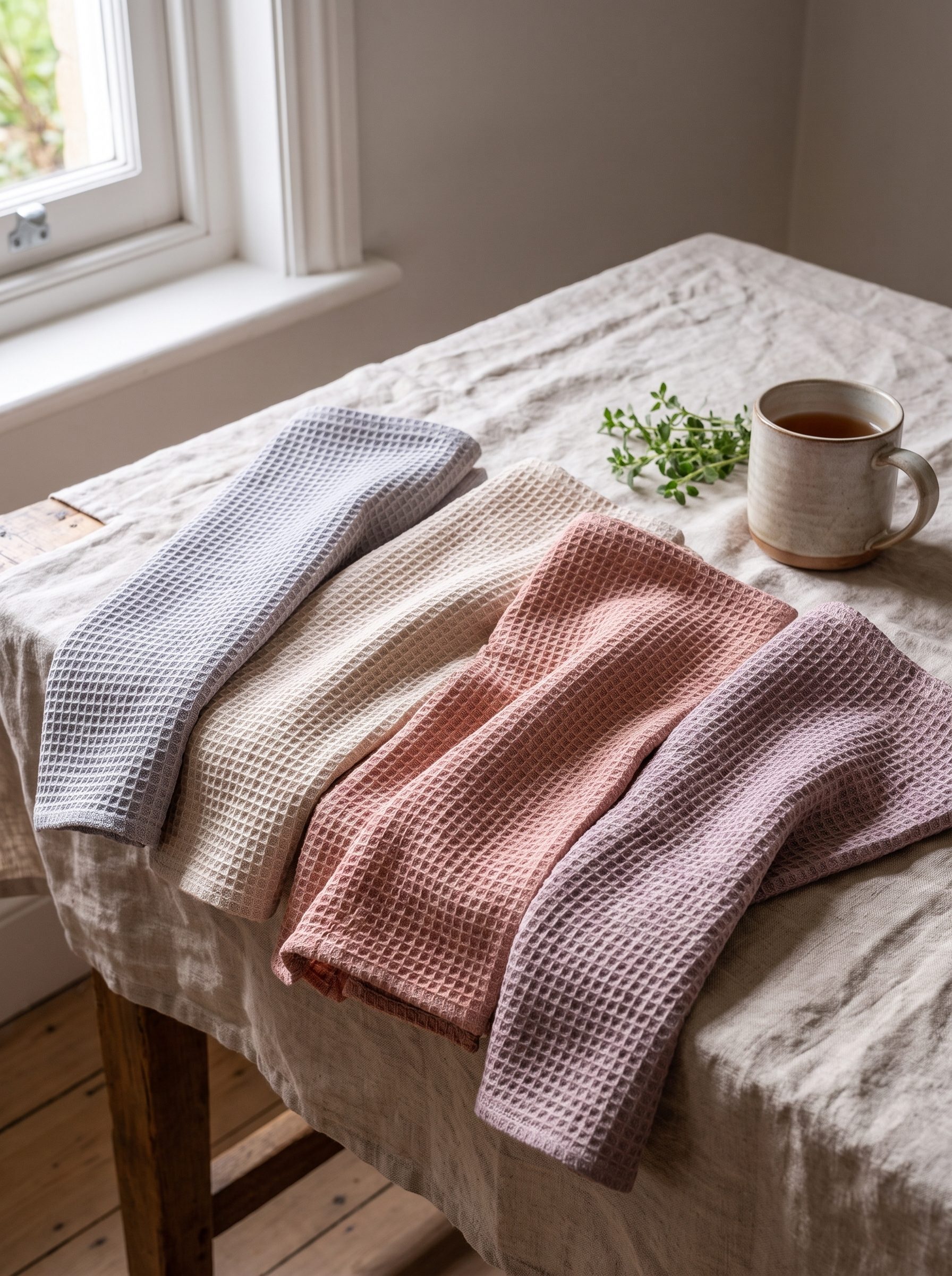 Four cotton tea towels spread out showing the weave