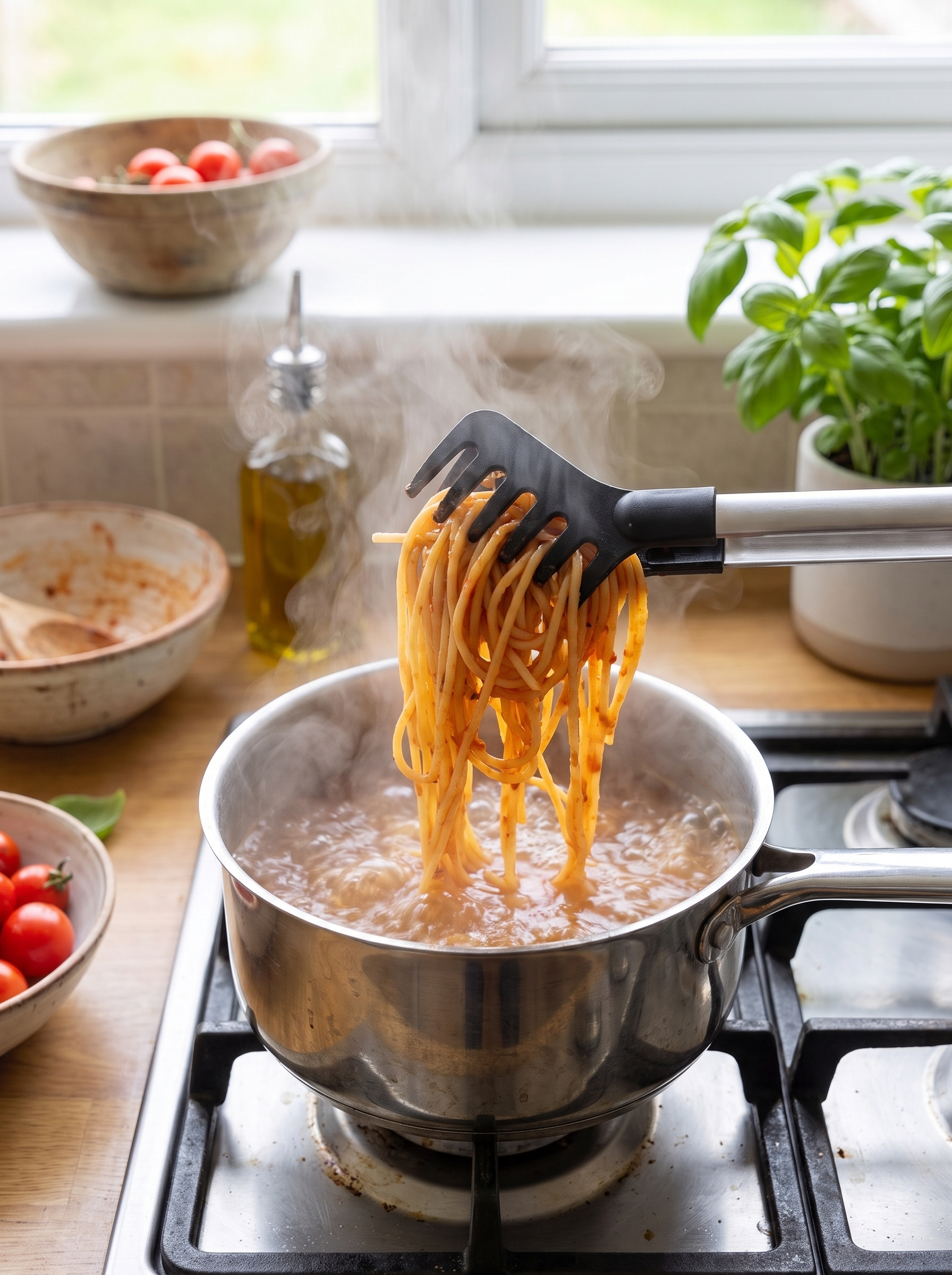 Noodle tongs lifting spaghetti from a pot of boiling water