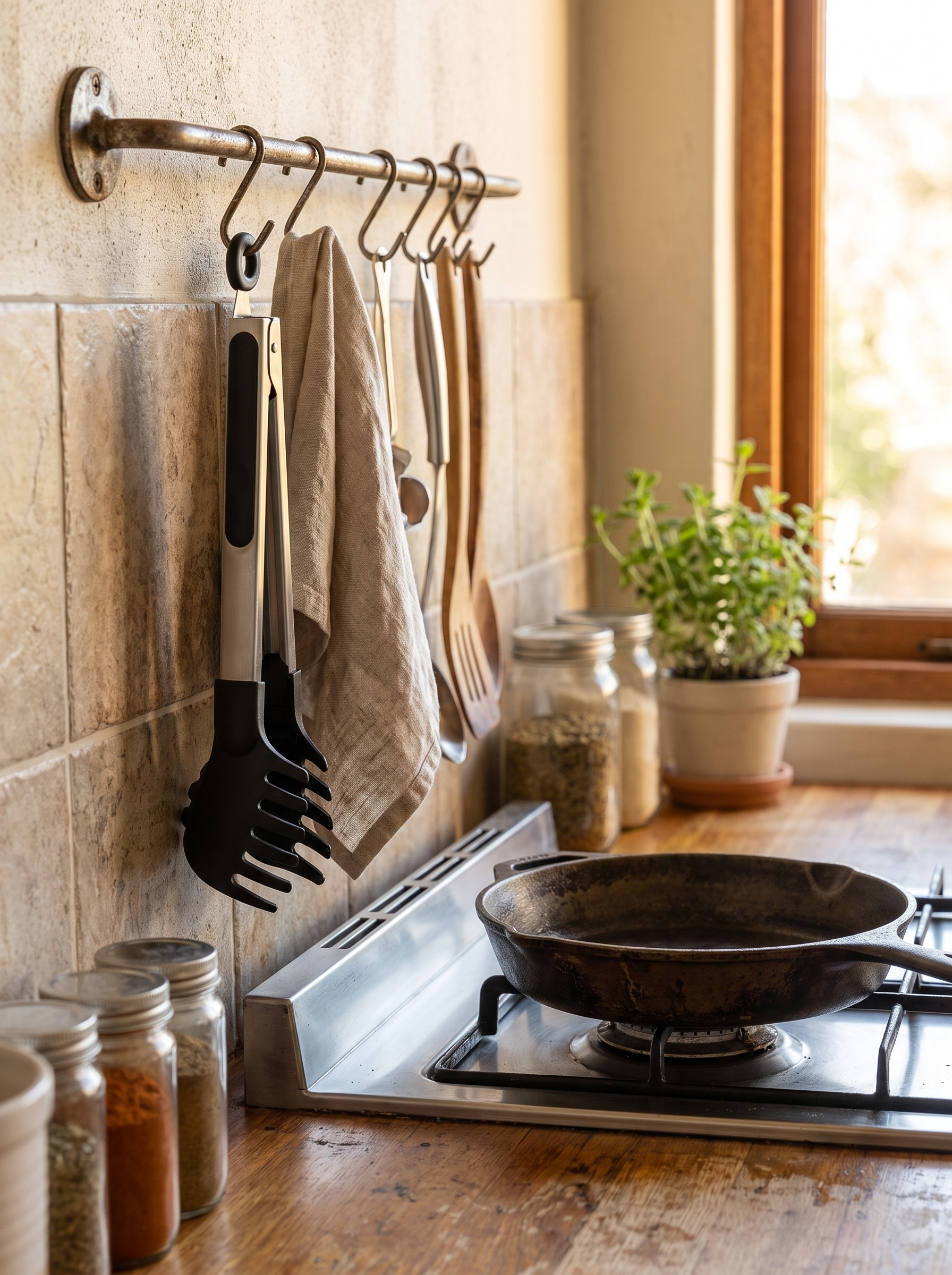 Noodle tongs folded flat and hanging from a kitchen rail