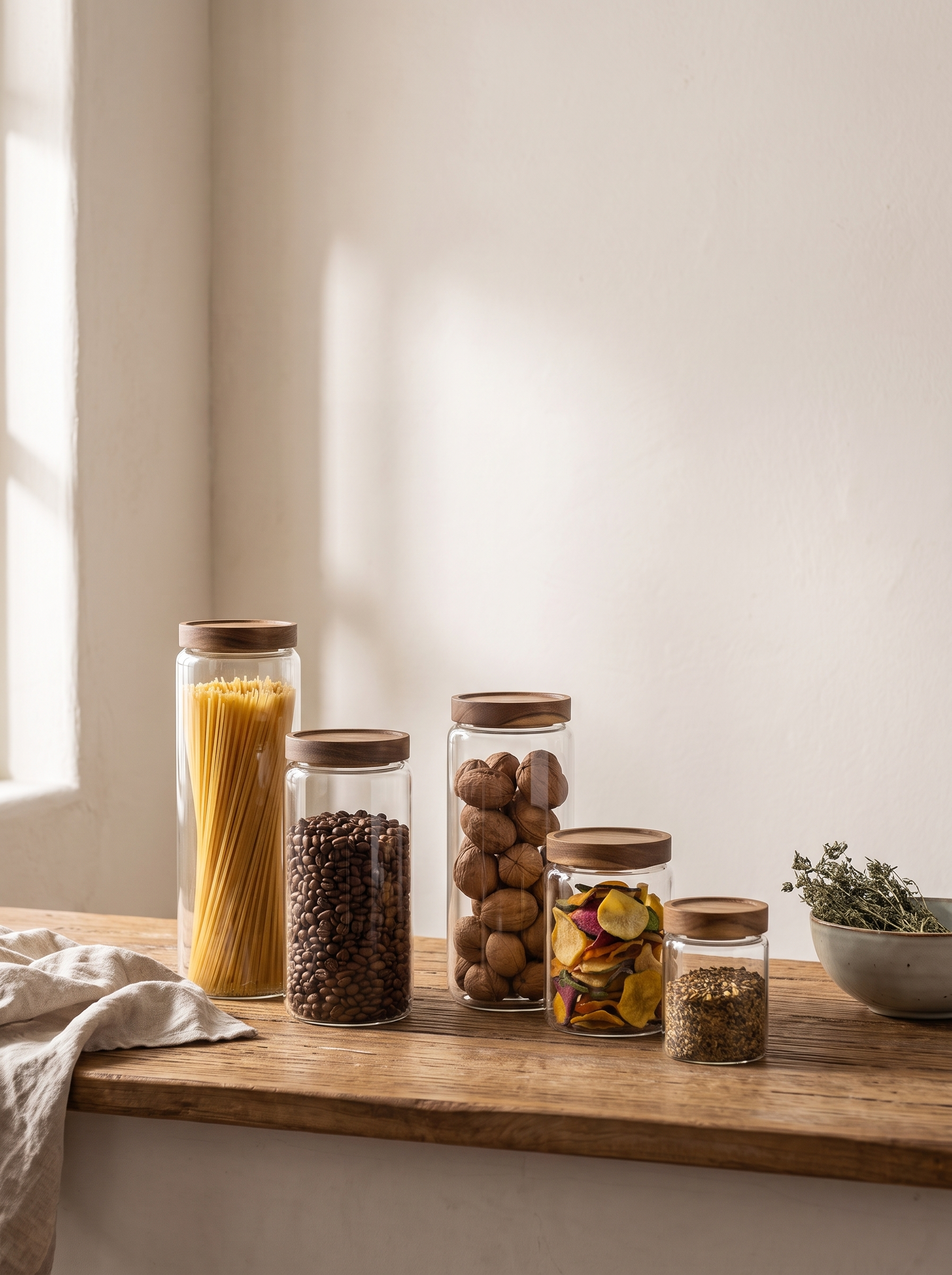 Glass canisters in several sizes grouped on a worktop