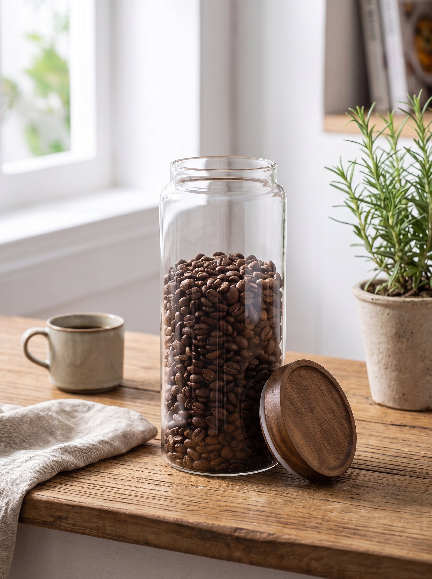 Glass canister with its wooden lid lifted showing coffee beans