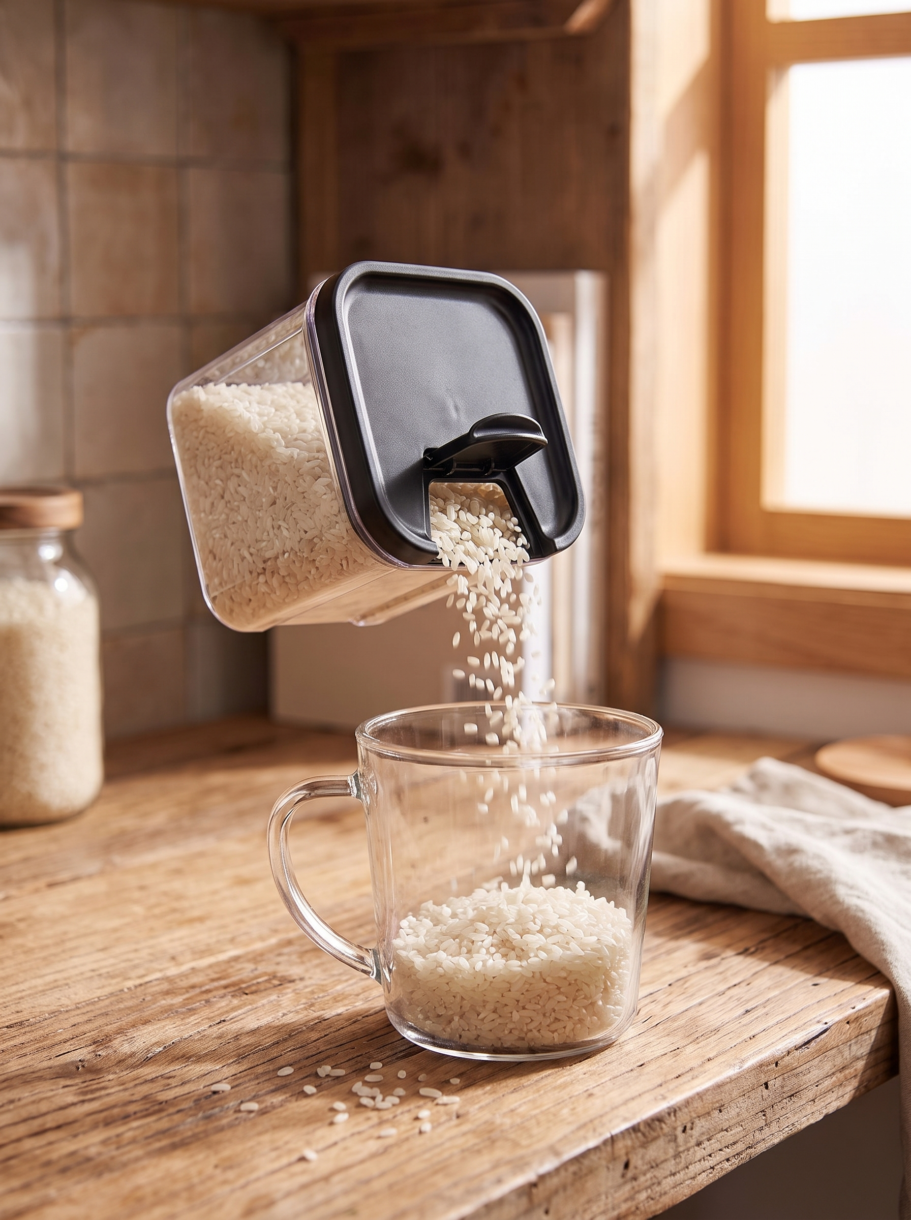 Storage jar pouring rice into a measuring cup