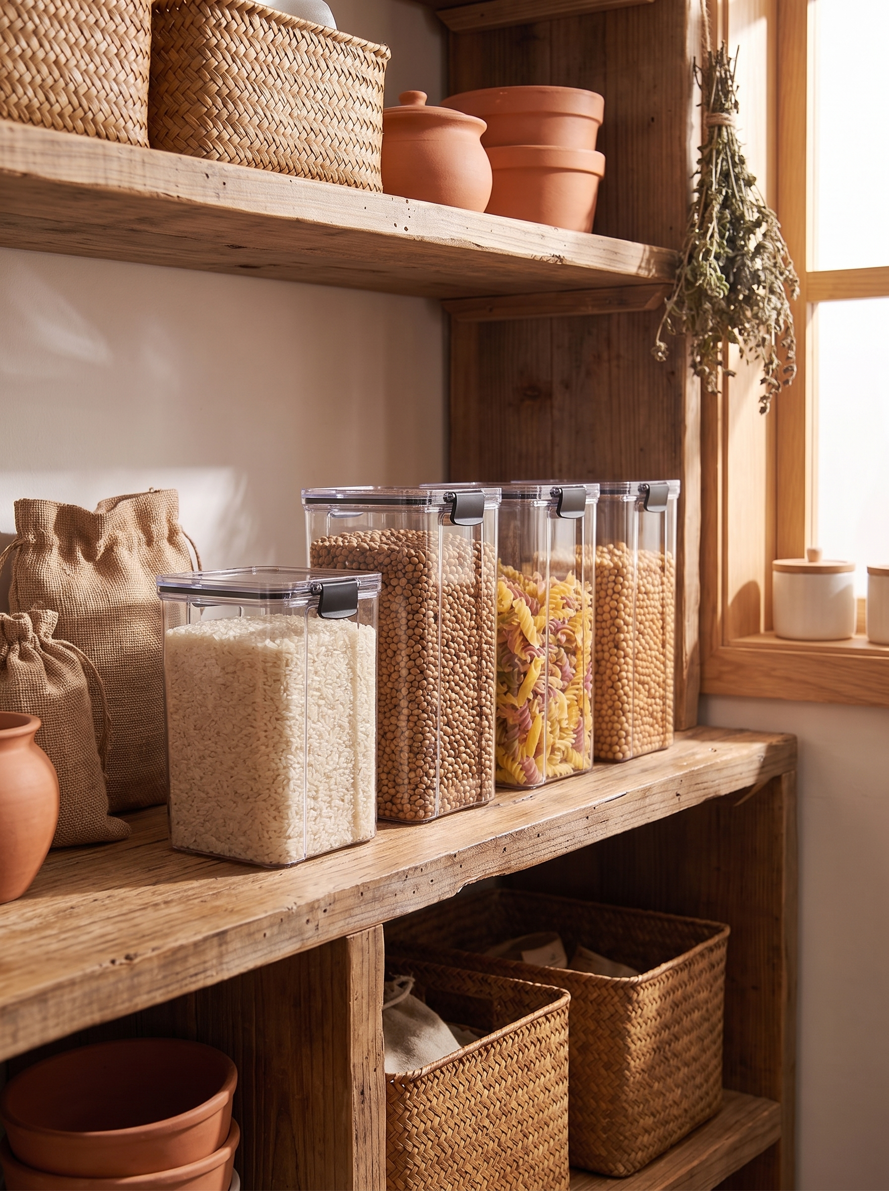 Sealed storage jars filled with rice lentils and pasta