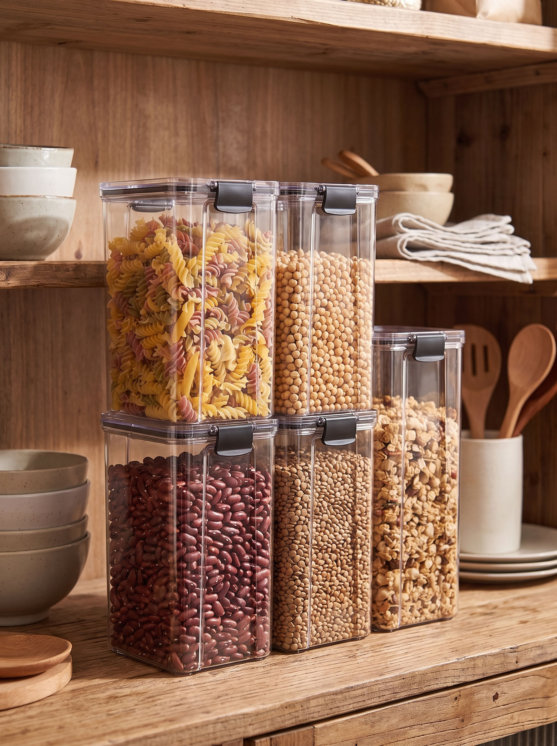 Square storage jars stacked flush in a cupboard