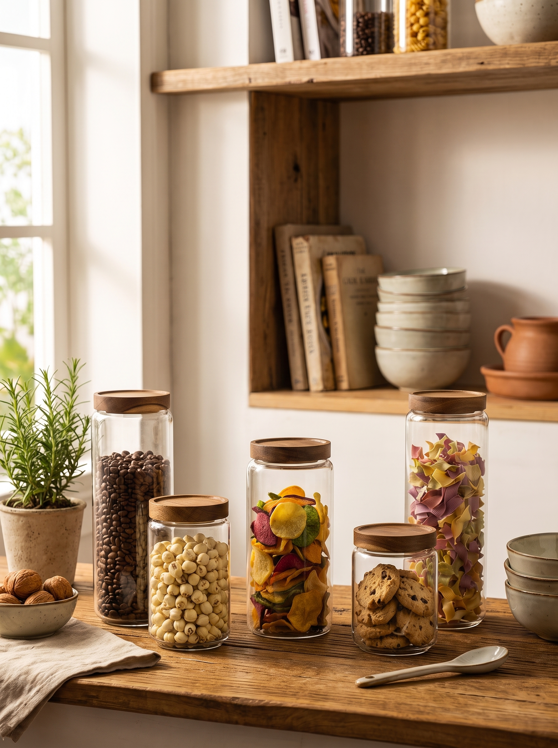 Glass canisters with wooden lids on open shelving