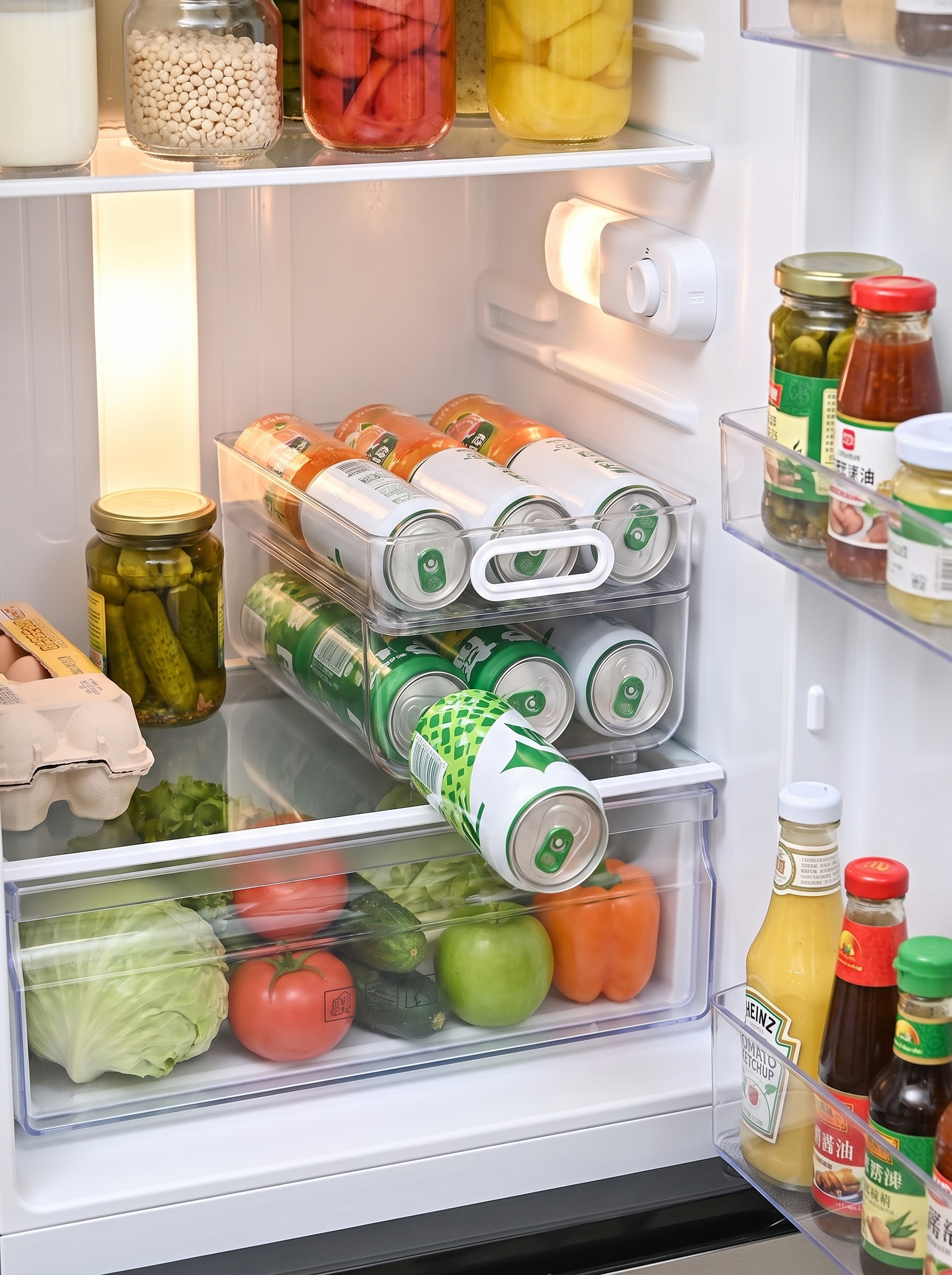 Can dispenser loaded with drinks cans on a fridge shelf
