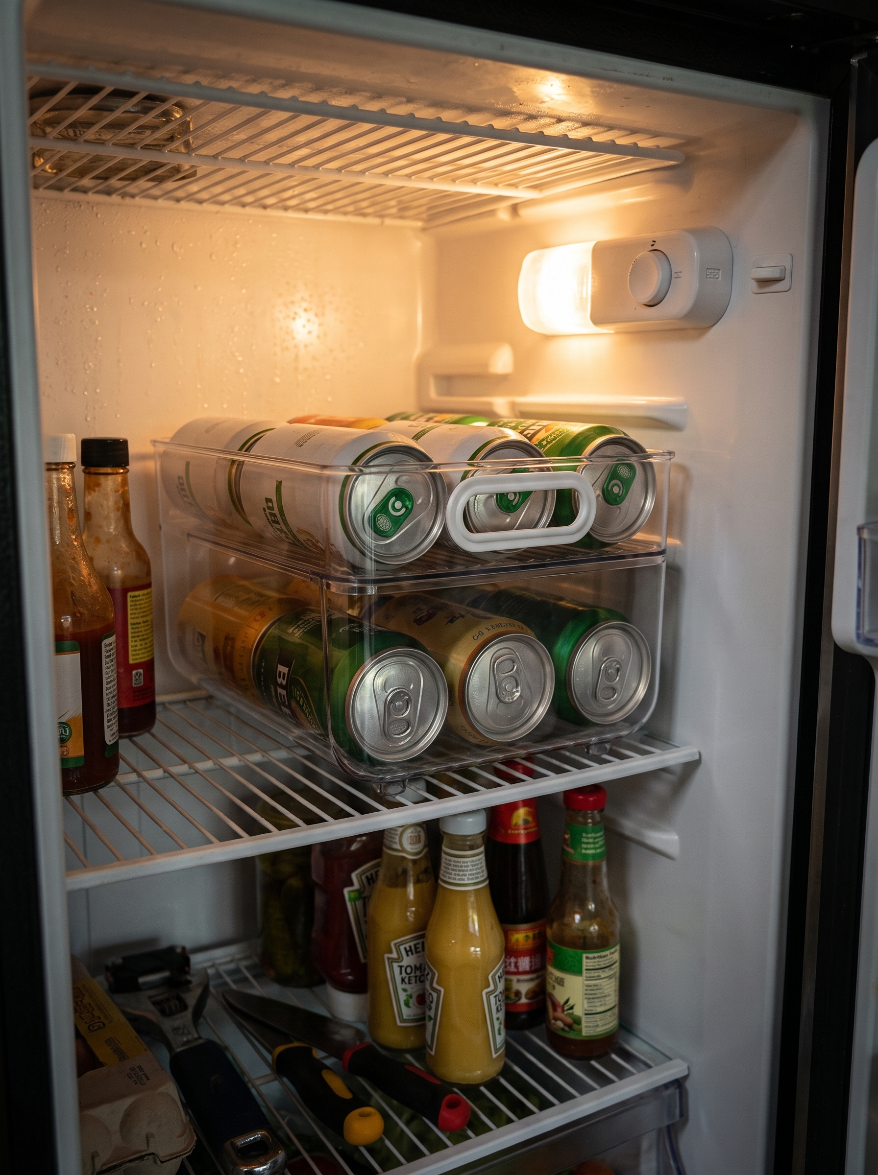 Two can dispensers stacked in a drinks fridge