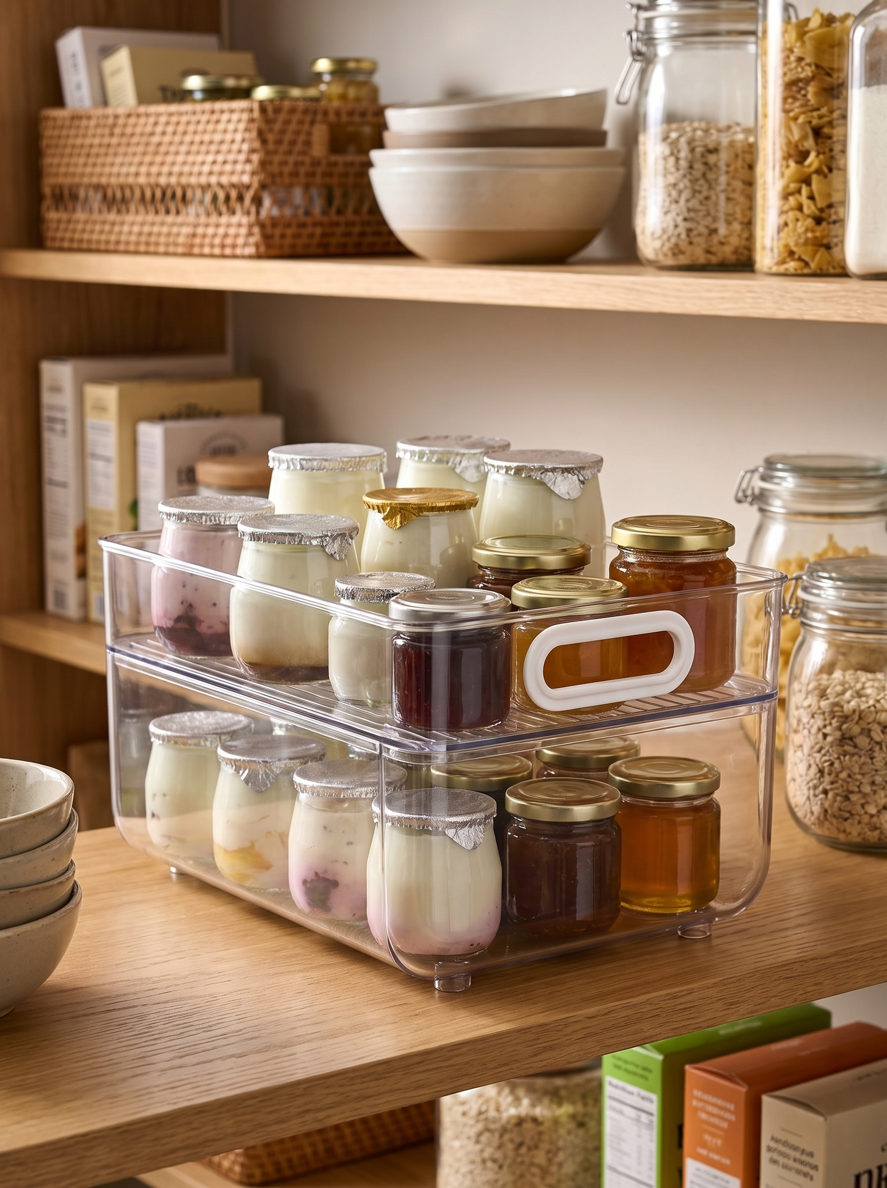Can dispenser holding yoghurt pots on a pantry shelf
