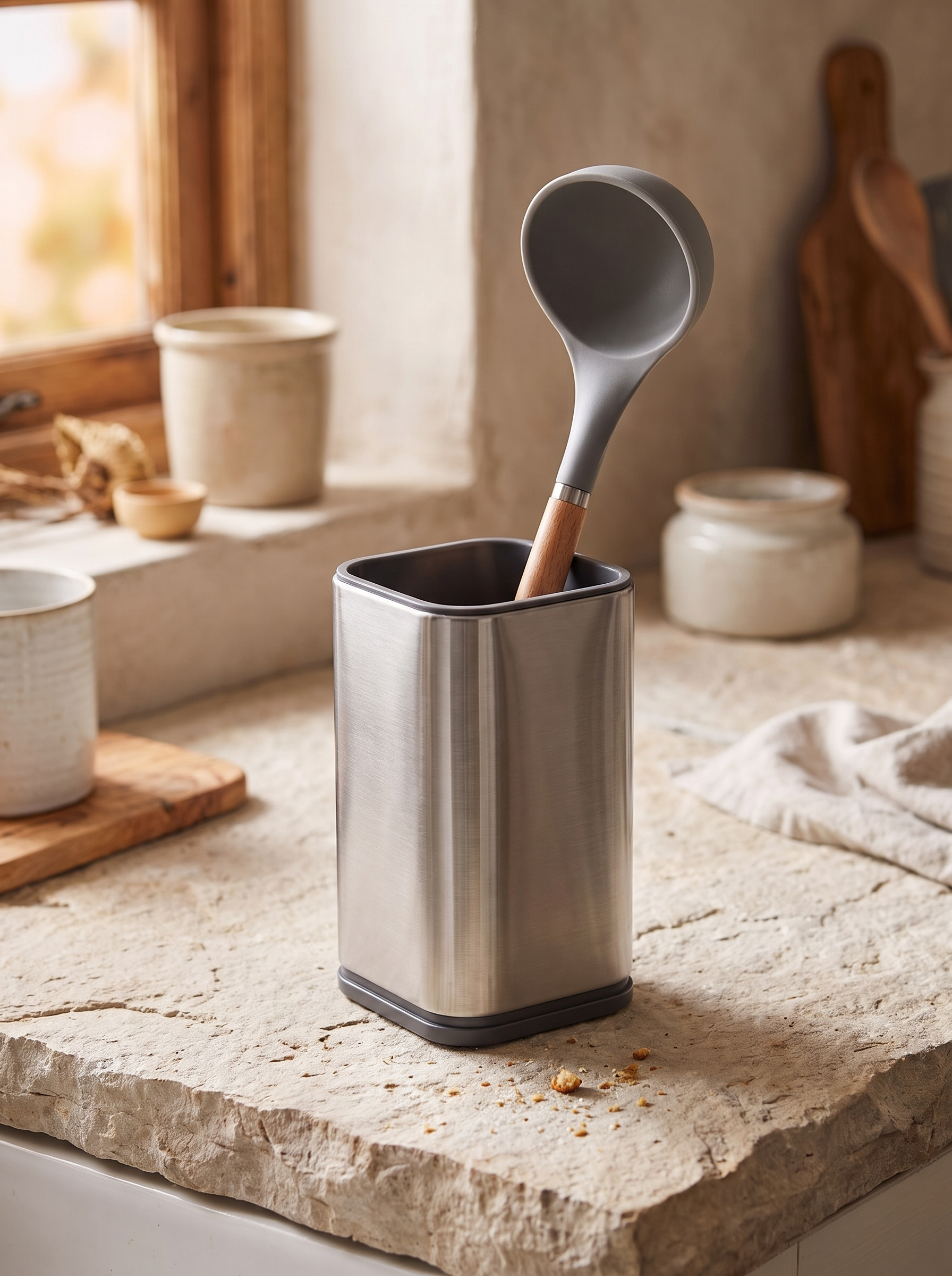 Utensil crock holding a long handled ladle upright
