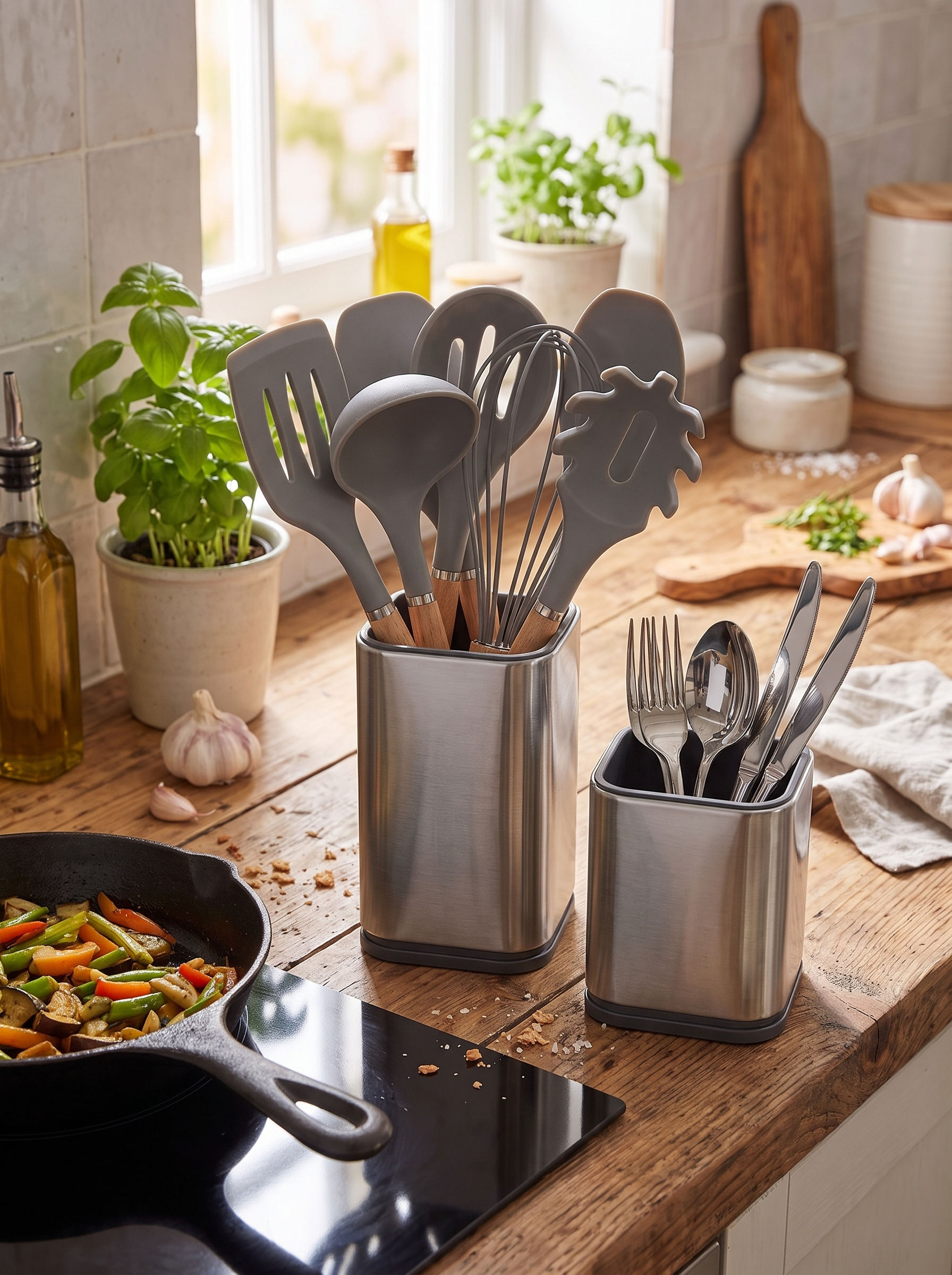 Utensil crock beside the hob packed with cooking tools