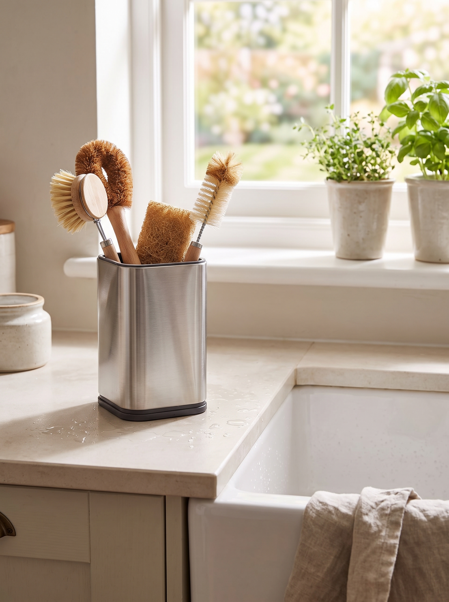 Utensil crock by the sink holding brushes and scrubbers