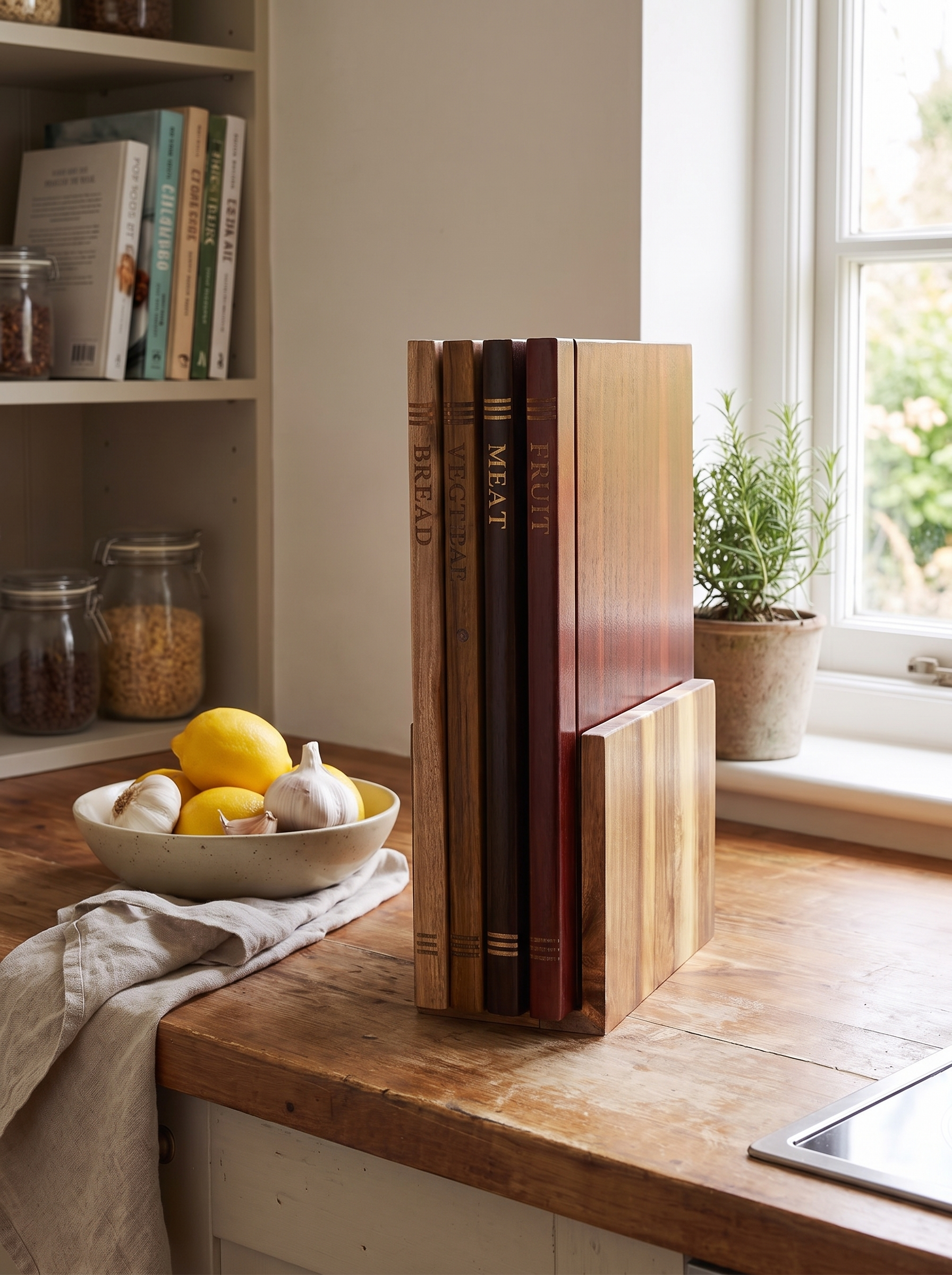 Book shaped cutting board set closed in its stand