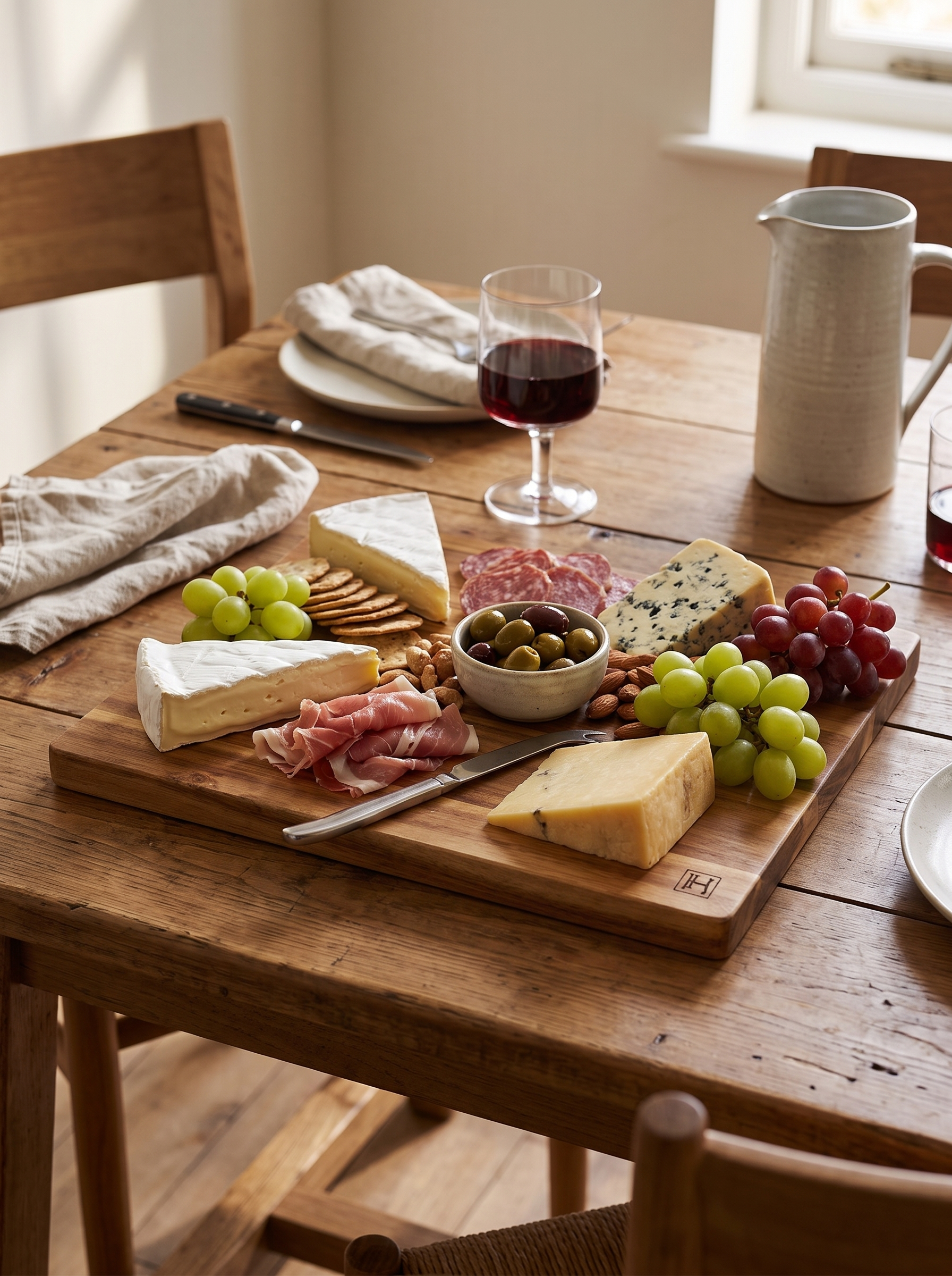 Wooden board serving cheese and cured meat