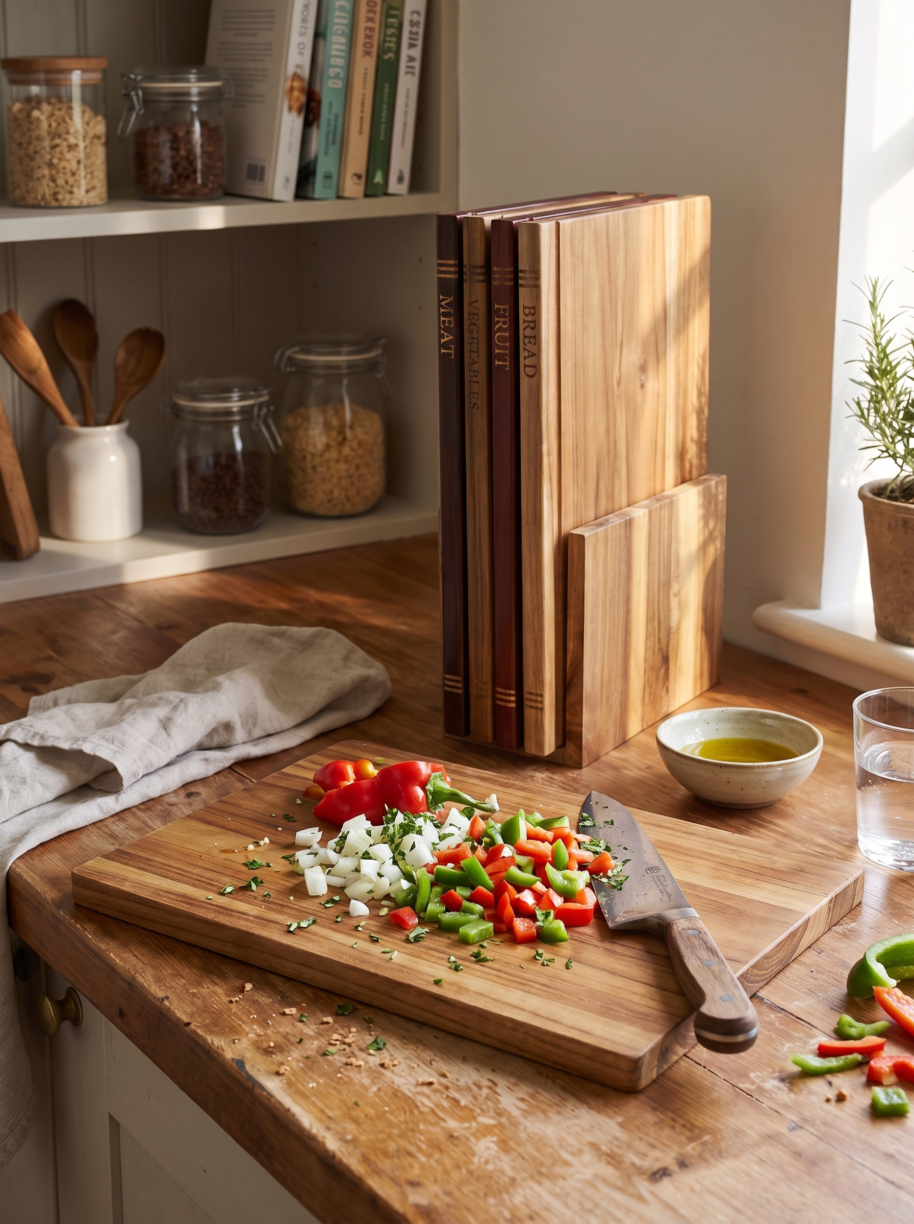 One wooden board in use with chopped vegetables