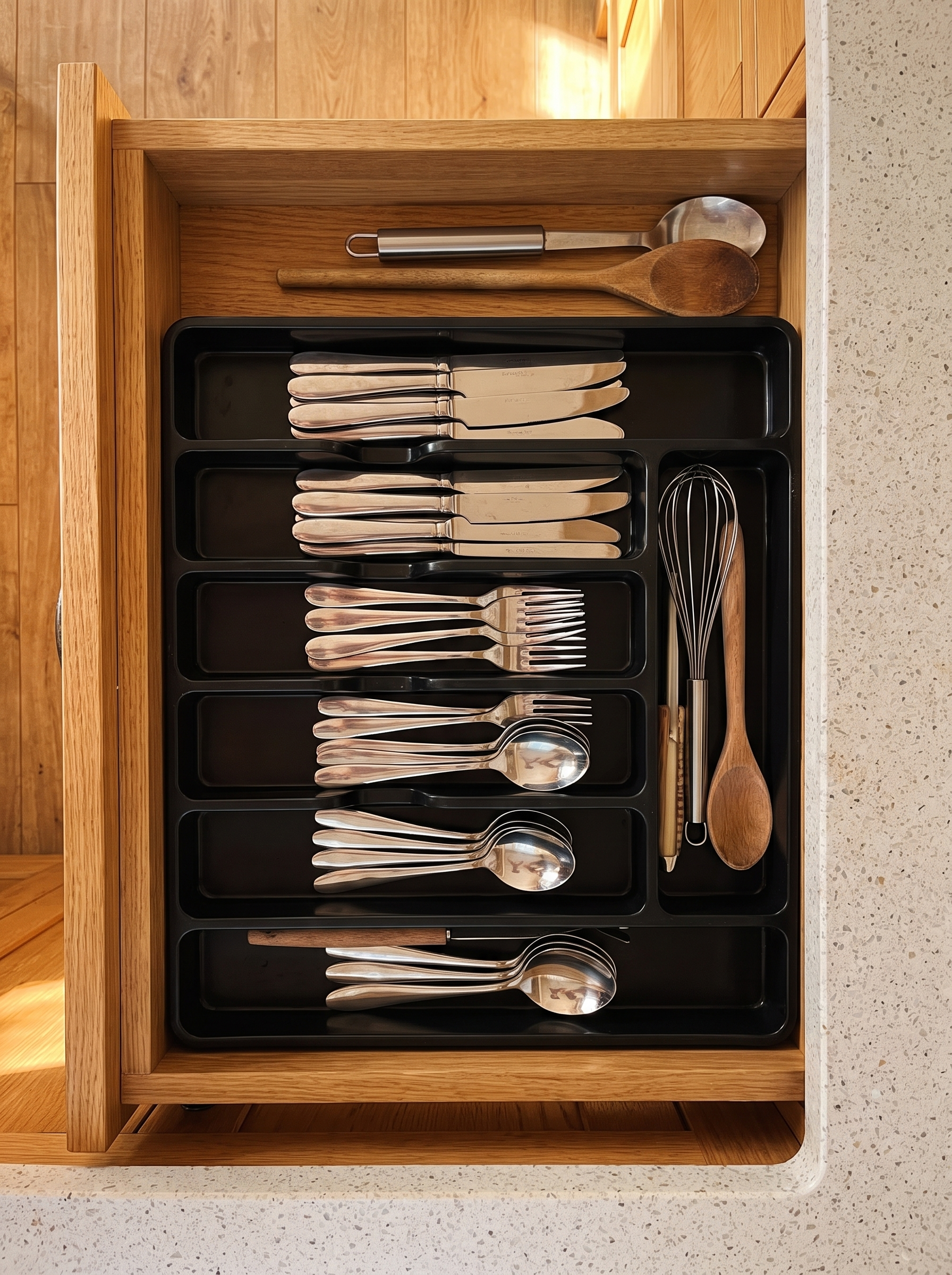Expandable cutlery organiser in an open kitchen drawer