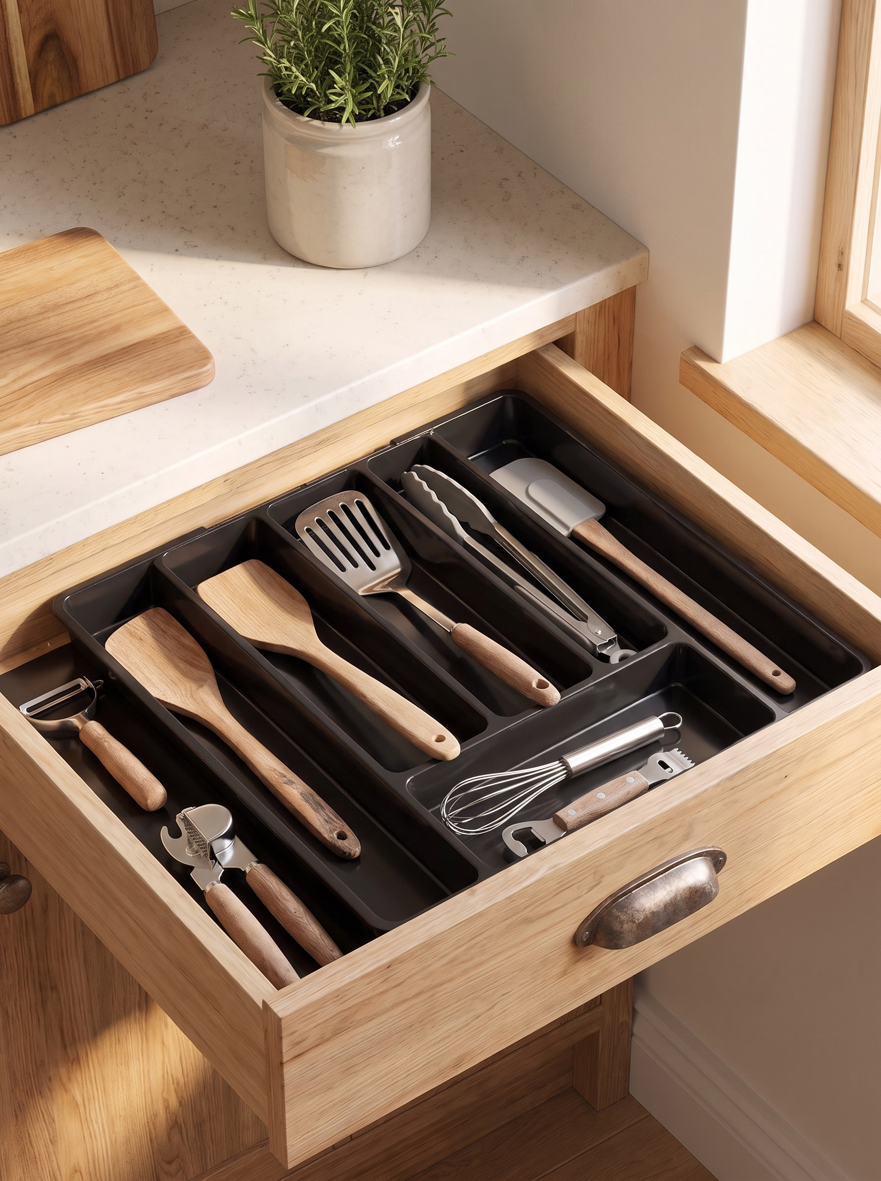 Organiser holding peelers and spatulas in a utensil drawer