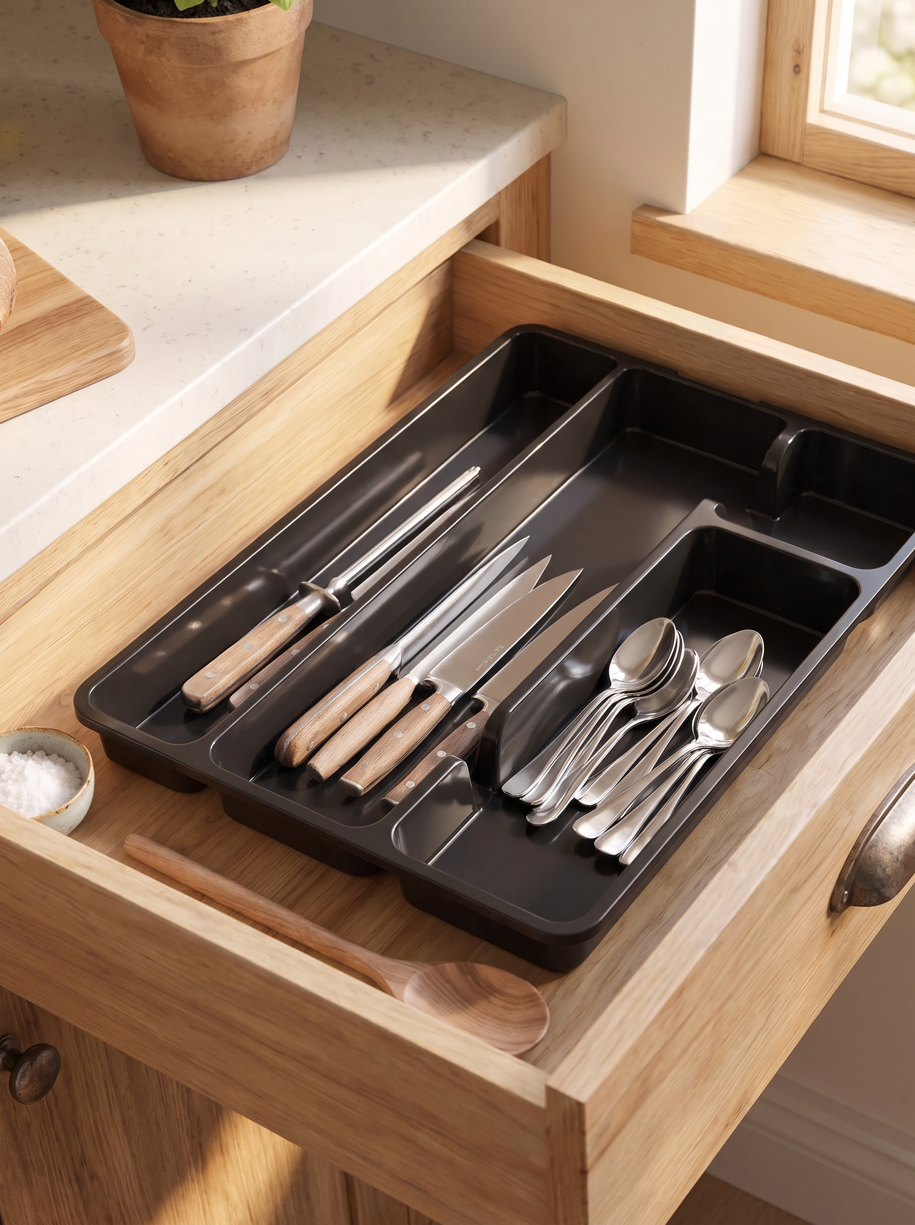 Mixed compartments of the cutlery organiser