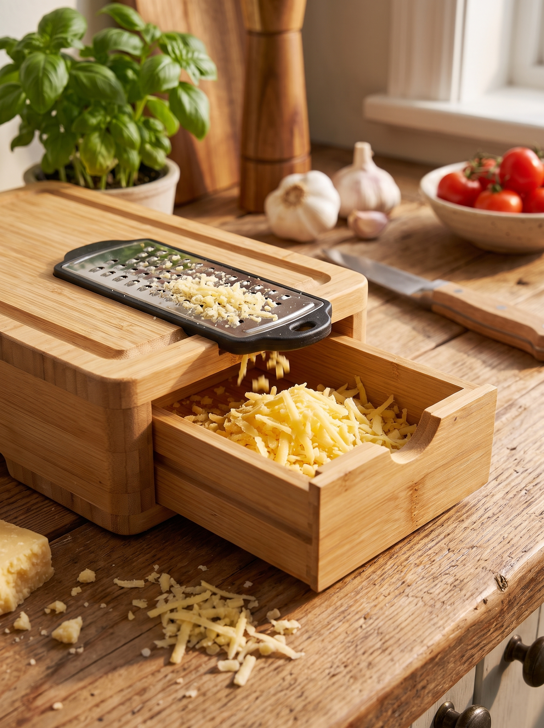 Grater insert slotted into the bamboo board frame