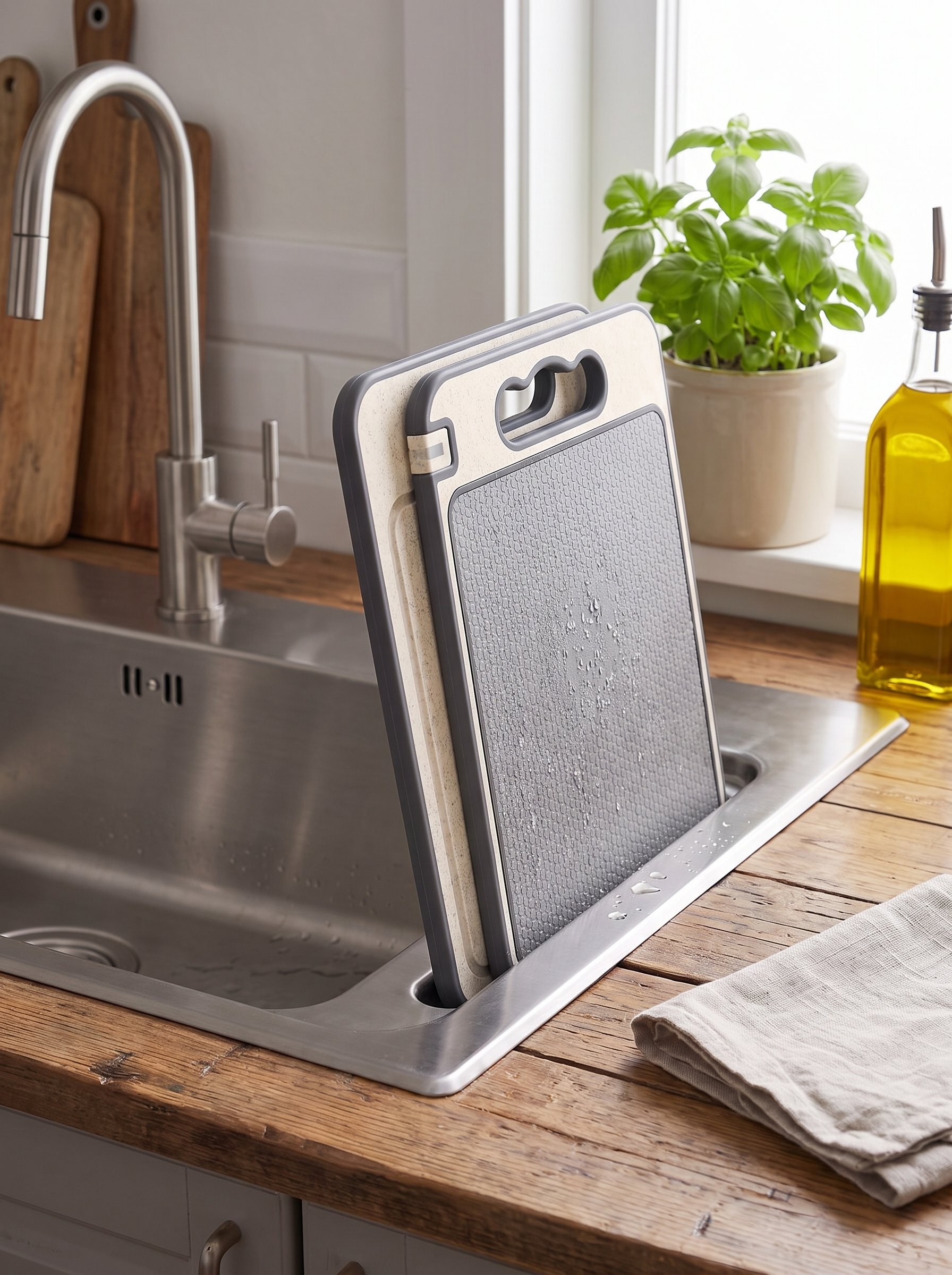 Steel cutting board standing upright to dry by the sink