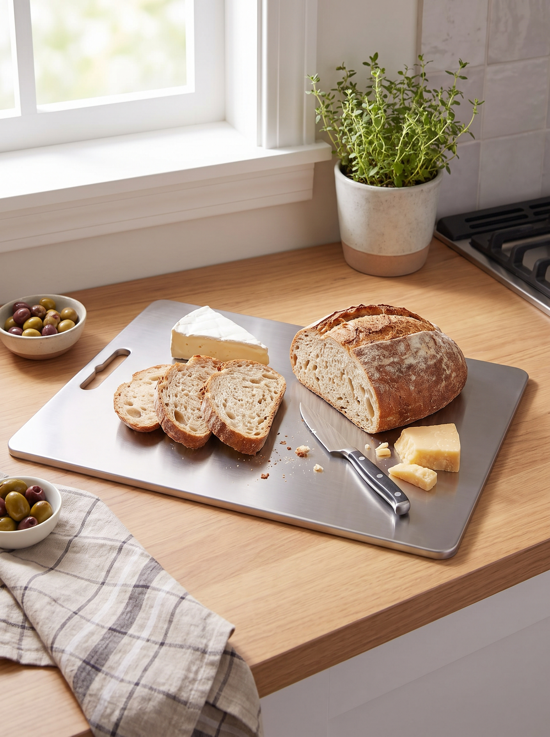Flat face of the steel board with bread and cheese