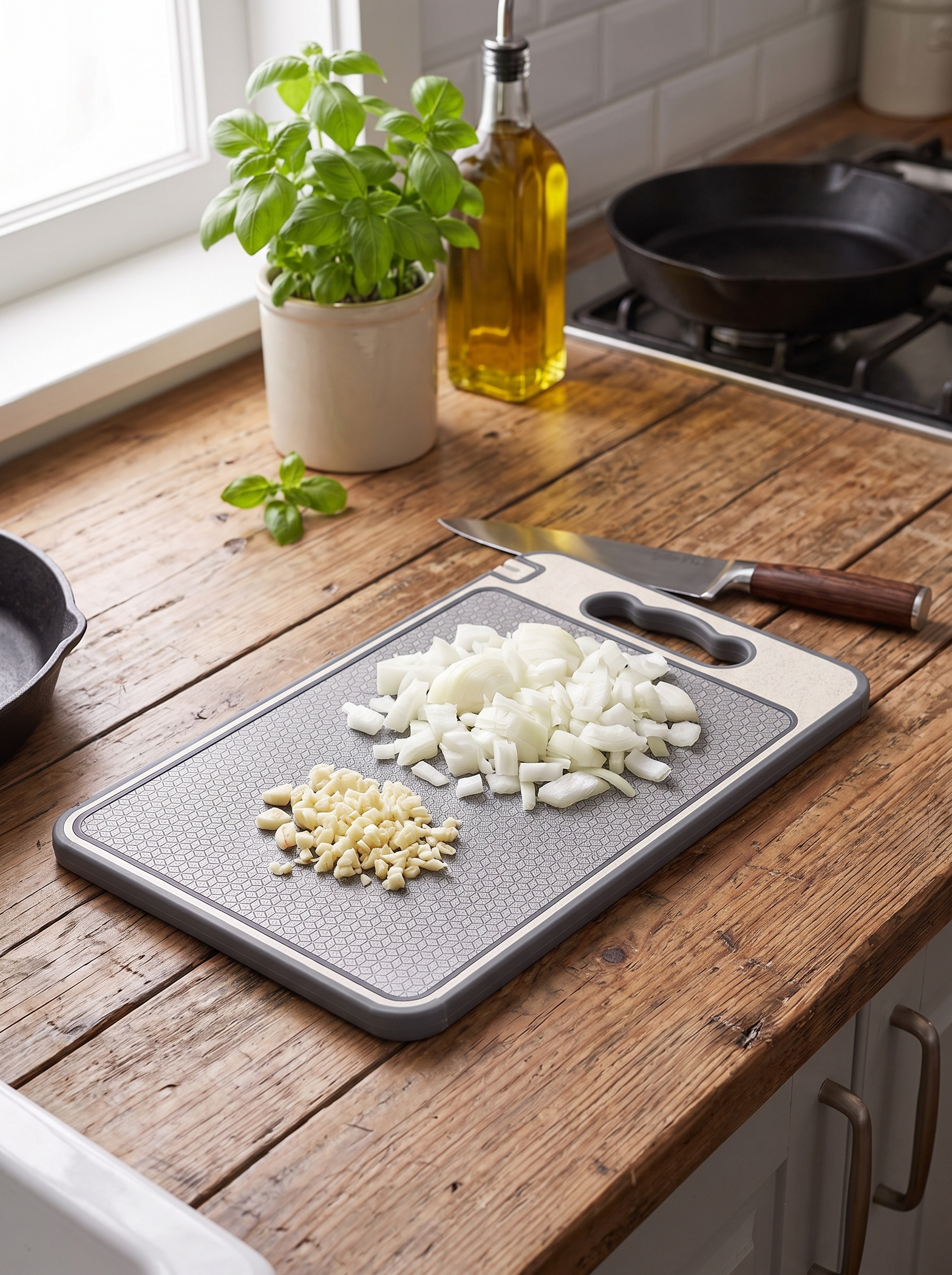 Stainless steel cutting board with chopped onions and garlic